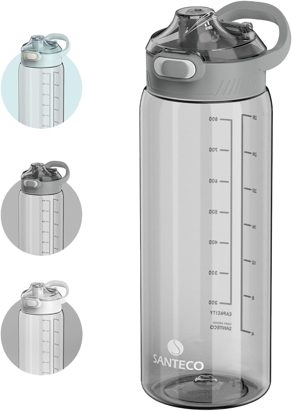 SANTECO 1L Water Bottle BPA Free - Lightweight Sports Bottle with Handle, Leak Proof, Easy Clean, Good for Gym Hiking Travel (Light Grey, 1000Ml)