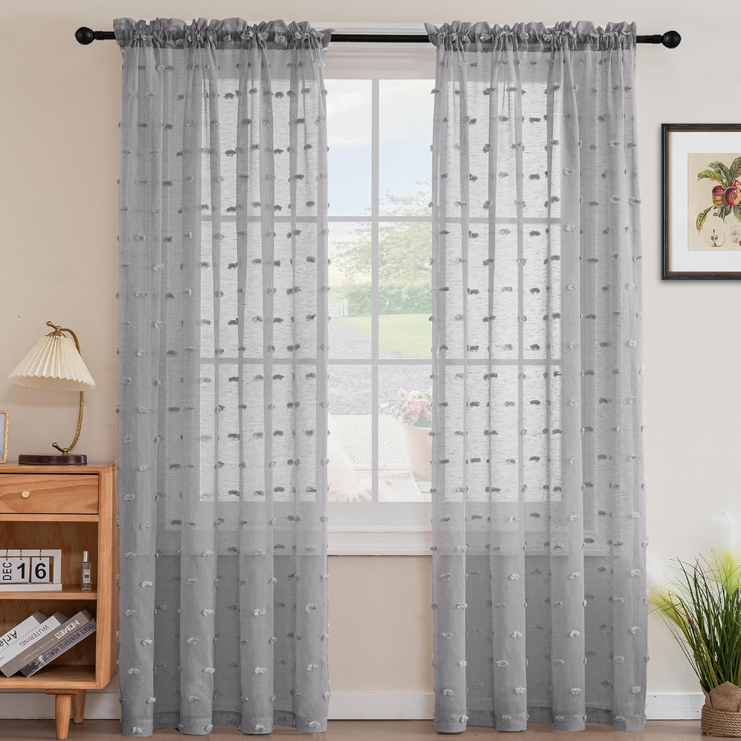 Smarcute Pom Pom Linen Textured Sheer Curtains for Bedroom Light Filtering Semi Sheer Rod Pocket Curtain & Drapes for Living Room, Nursery Room, Set of 2 Panels, (Coral Pink, 132 X 160 Cm)