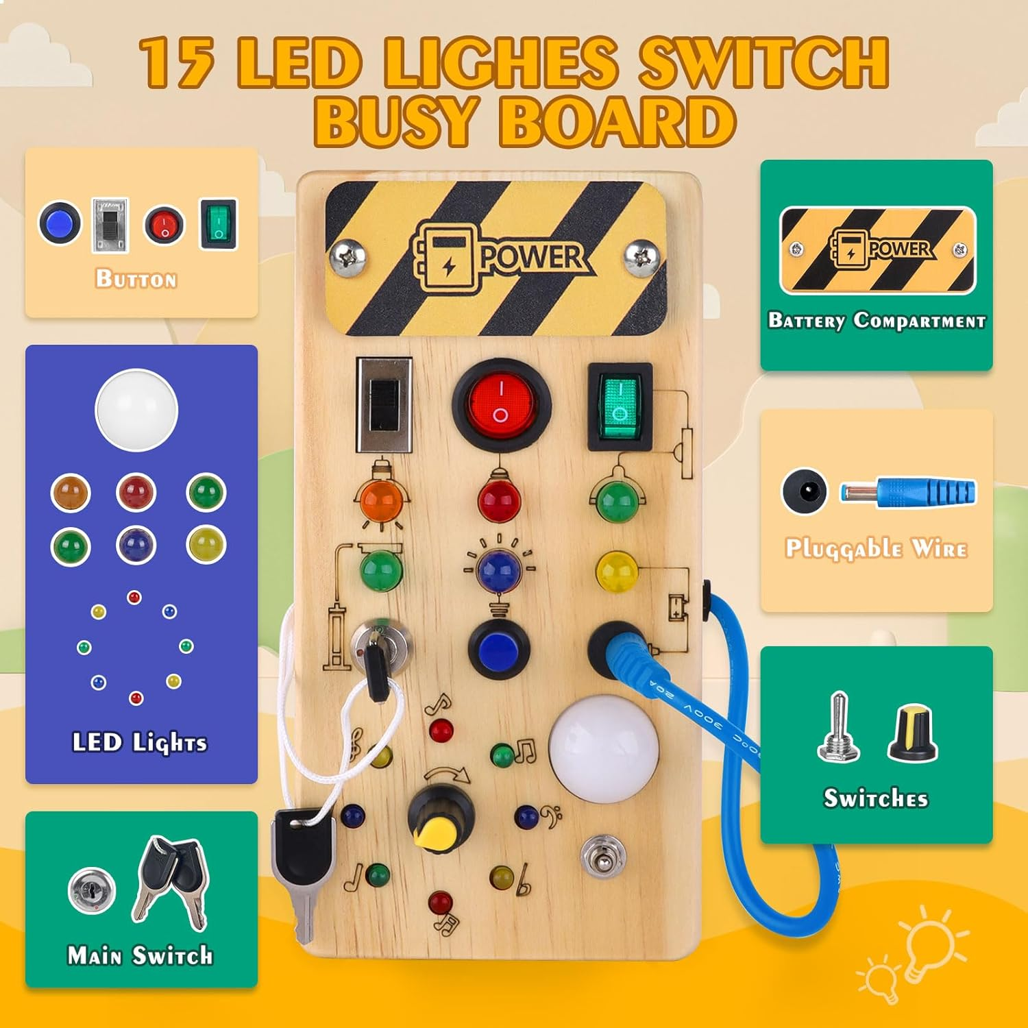 Montessori Toddler Busy Board, Baby Wooden Busy Board with 8 LED Light Switches, Sensory Toys Light Switch Toys Travel Toys for 1+ Year Old Baby and Toddler image number 3