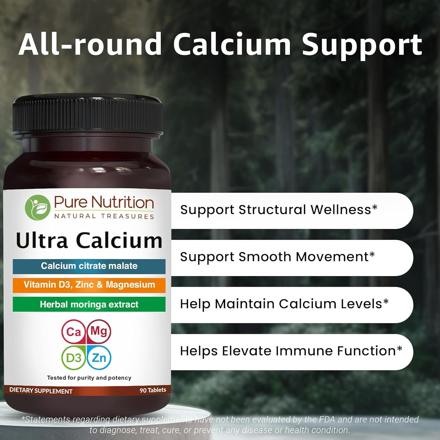 Pure Nutrition Ultra Calcium Citrate 1000Mg Highly Absorbable Calcium Supplement with Calcium Citrate Malate, Vitamin D, Zinc and Magnesium - 1 Tablet Daily (90 Veg Tabs) Non-Gmo | Gluten-Free image number 1