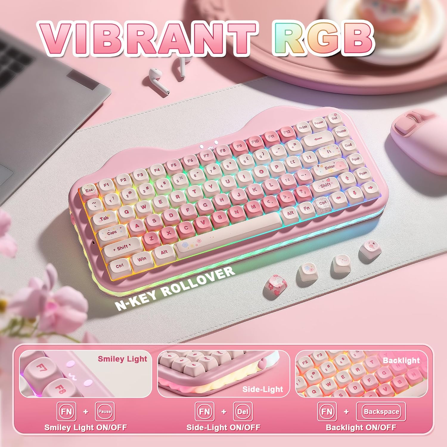 YUNZII C75 Wireless Mechanical Keyboard, 75% Layout Hot Swappable Creamy Keyboard NKRO, PBT MOA Keycaps RGB Backlit Gasket Mount,Cake Design BT5.0/2.4G/USB-C for Win/Mac/Gaming (Pink, Milk V2 Switch) - Beige image number 6