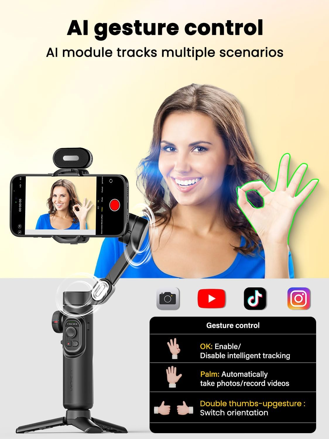 AOCHUAN XE AI Version, 3-Axis Foldable Smartphone Gimbal Stabilizer, AI Tracking, Gesture Control, Inception Mode, Compatible with Iphone & Android, Black image number 6