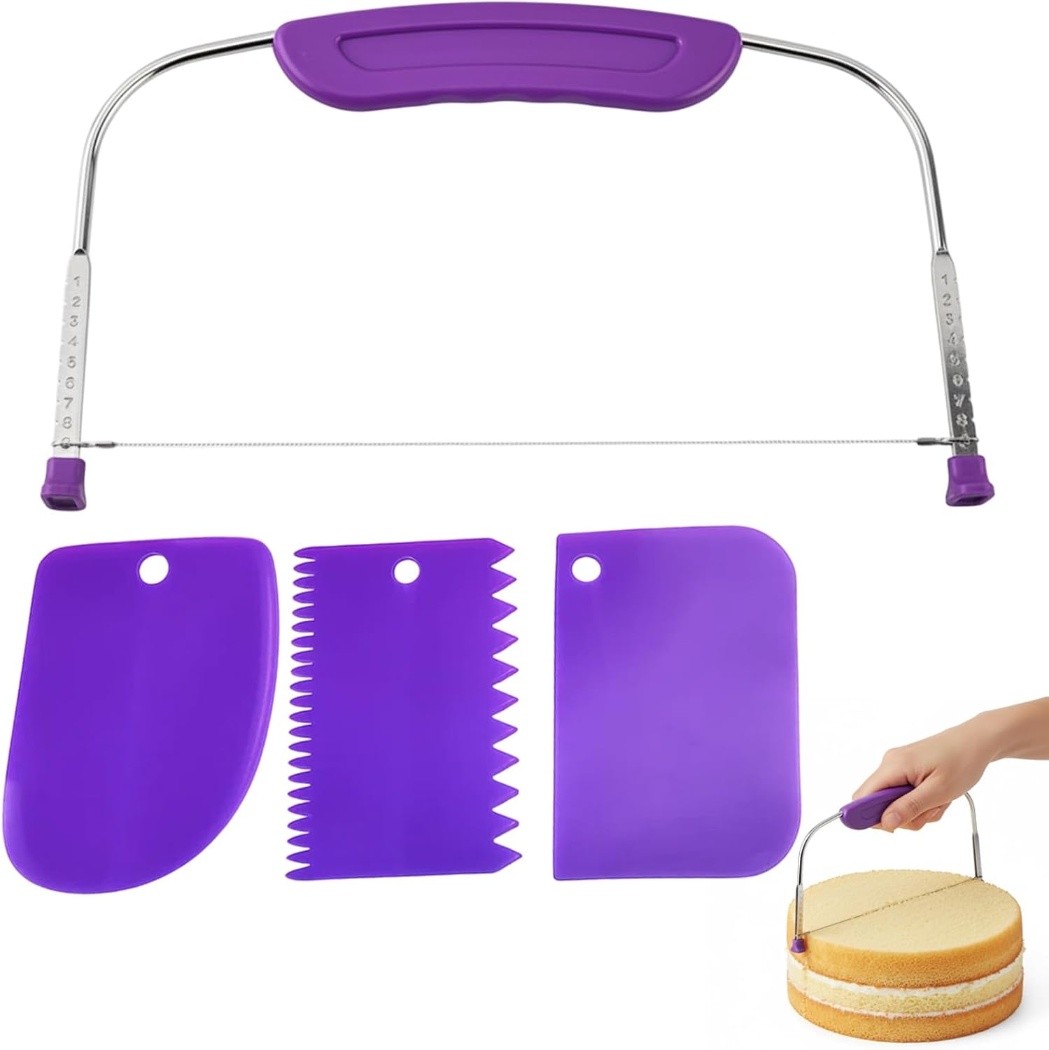 Cake Cutter, Adjustable Cake Leveler with Purple Baking Tools Set, 3-Piece Cake Slicer Kit for Uniform Cake Layers, 29 X 20 Cm Ideal for Home Bakers and Professionals image number 6