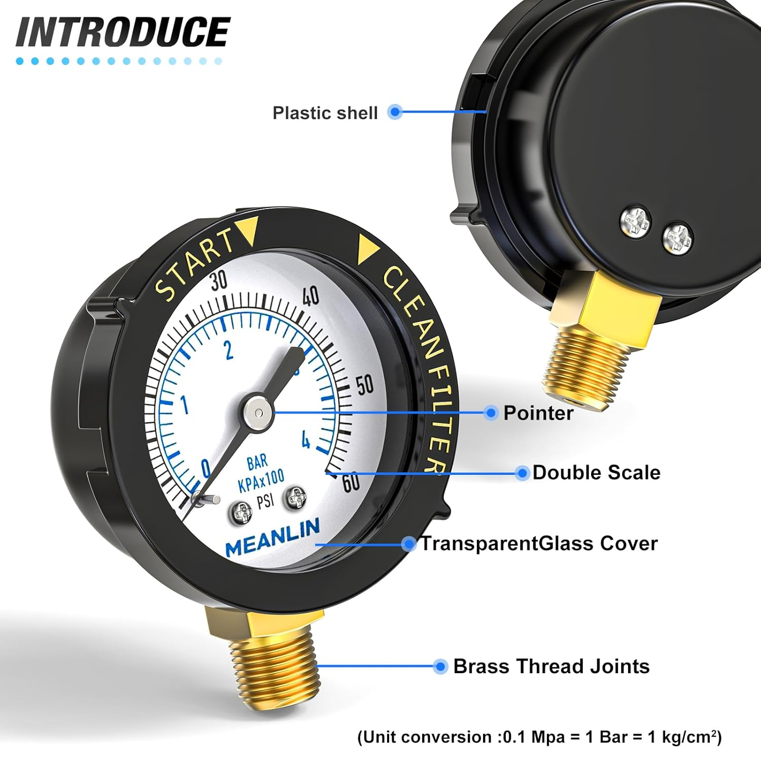 MEANLIN MEASURE 0~60Psi Plastic Frame 1/4" NPT Start and Clean Filter Pressure Gauge，Suitable for Swimming Pool, Spa, Aquarium，Lower Mount image number 2