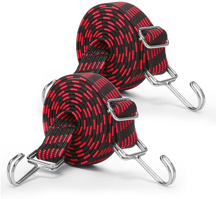 JZS Flat Bungee Cords with Hooks 2M Adjustable Elastic Bungee Straps with Hooks for Bicycles Camping Tent Luggage Fixings 2 Pack Black