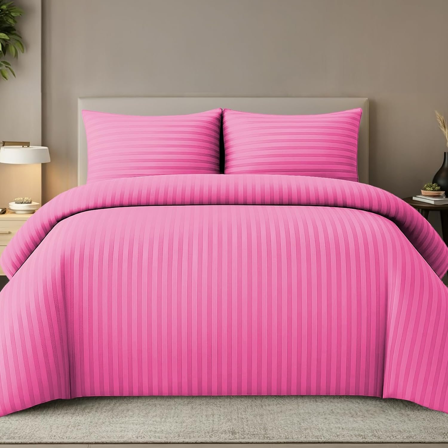 Pamposh Satin Stripe Double Duvet Set - Premium Hotel Quality Quilt Cover Bedding Sets - Hypoallergenic Ultra Soft Microfiber Bed Linen