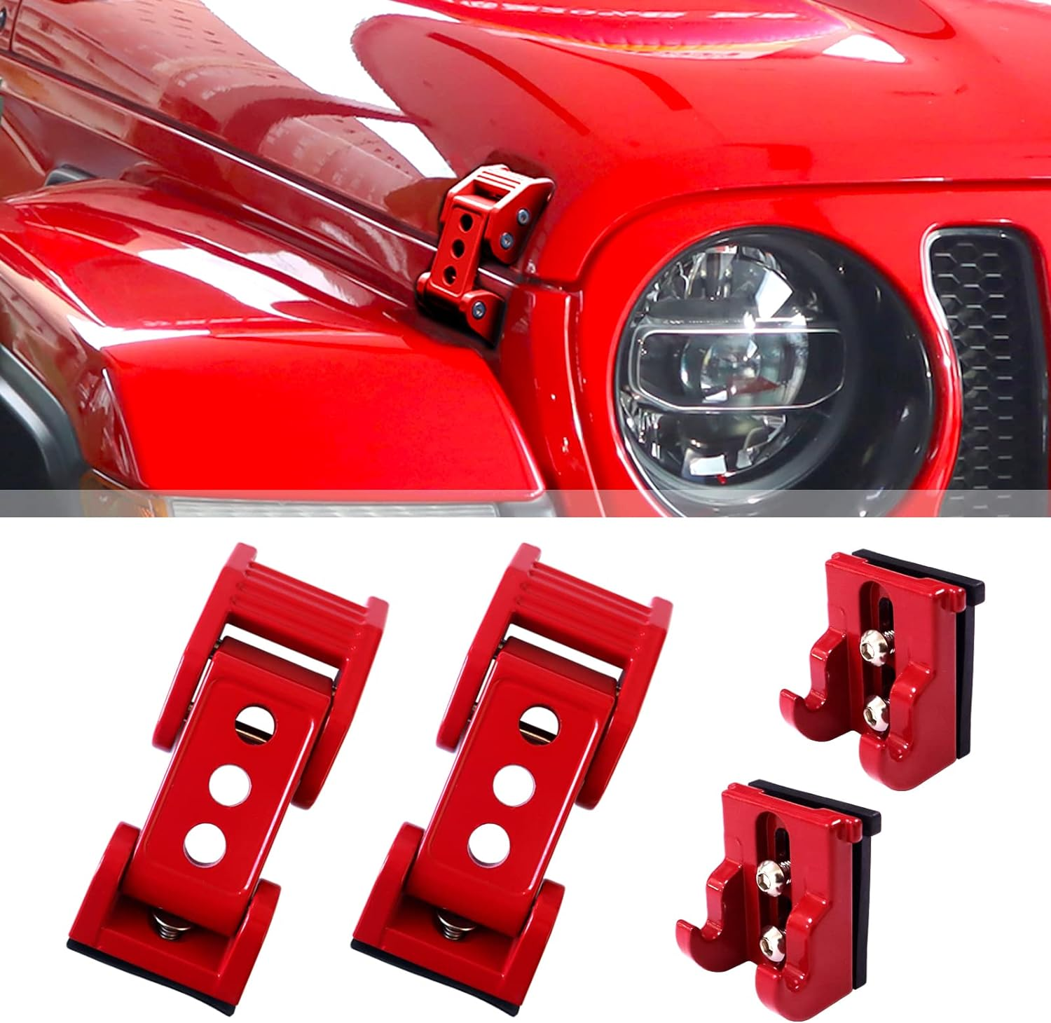 Stainless Steel Latch Hood Capture Kit for 2007-2018 Jeep Wrangler JK JKU and 2018-2022 Jeep Wrangler JLJLU Gladiator 2-Door and 4-Door (Red) image number 5