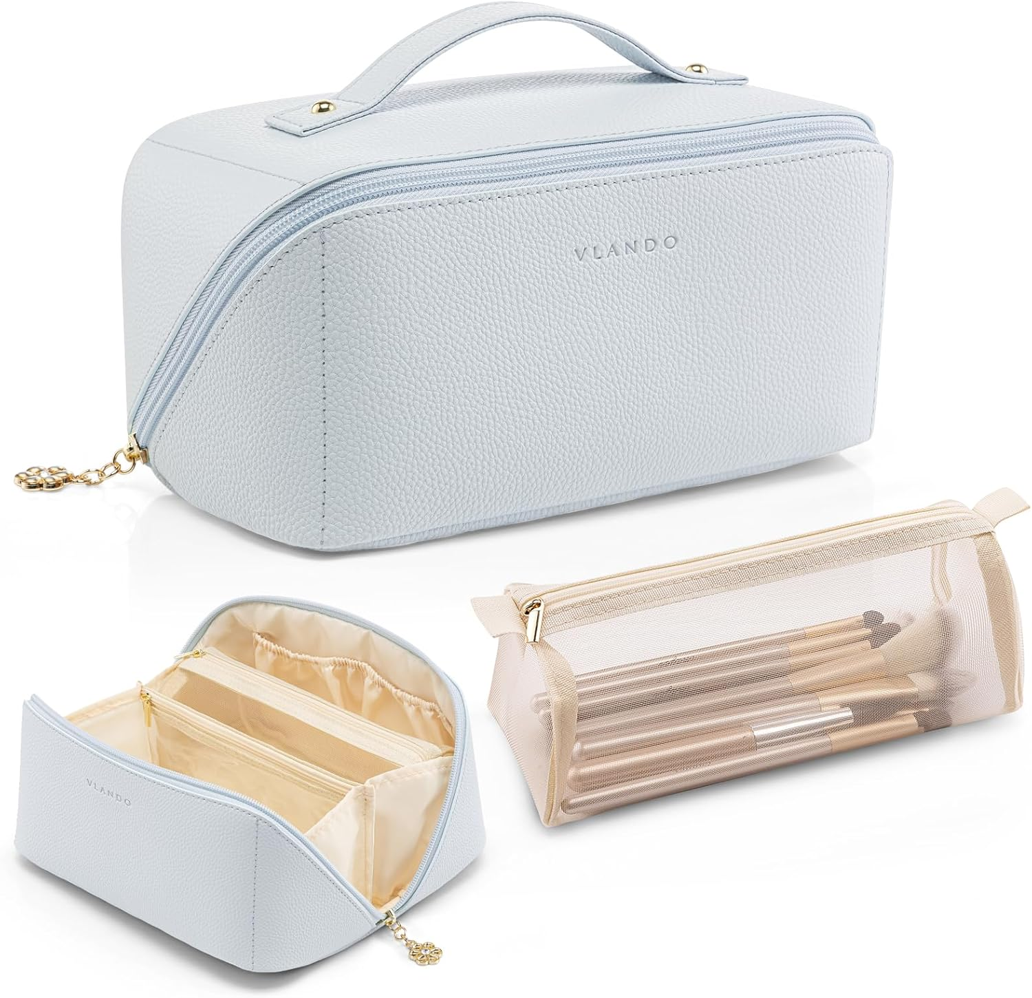 Vlando Travel Makeup Bag,Toiletry Bag for Women PU Leather Open Flat Make up Bag, 02.Brown, Open Flat