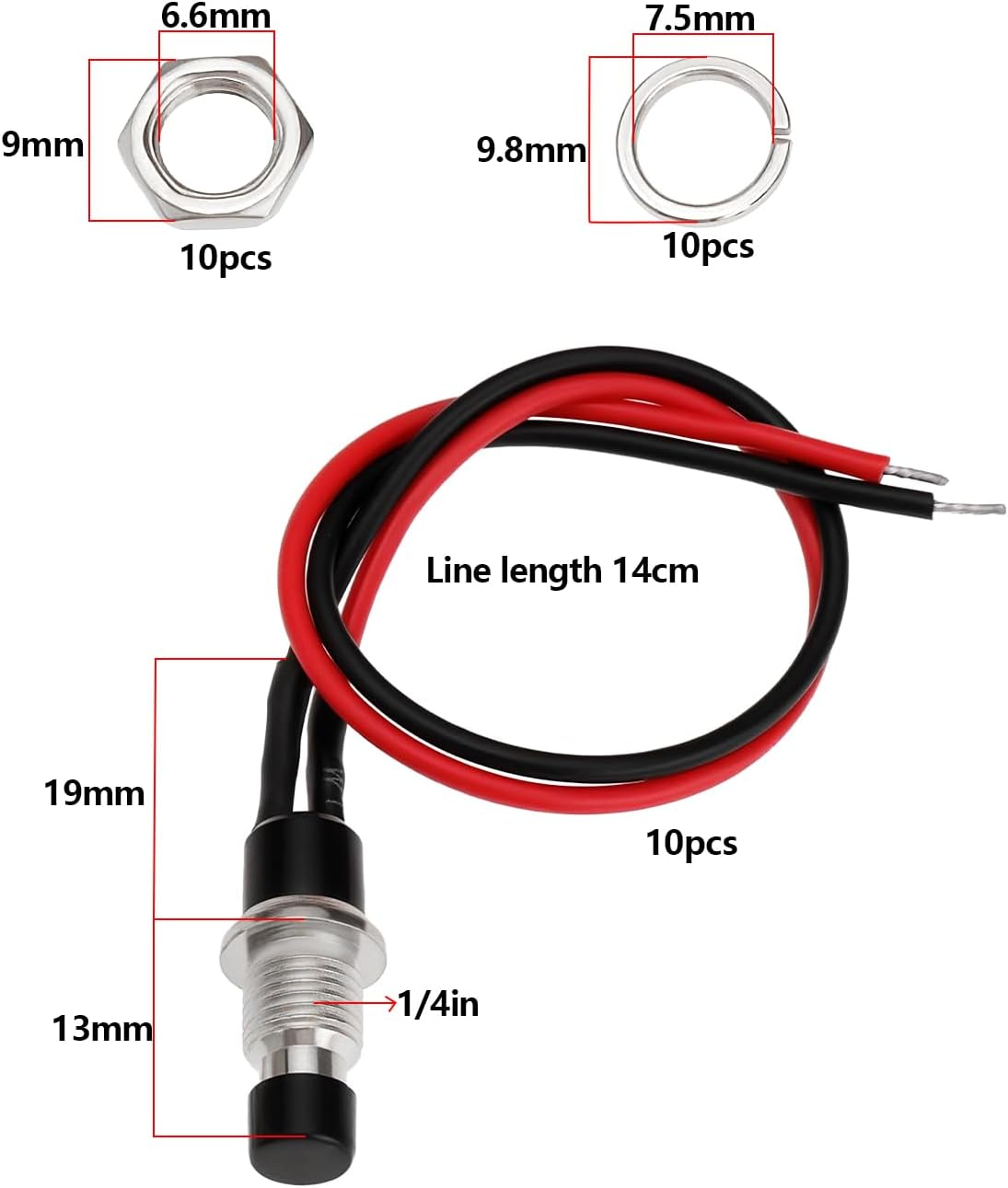 Emagtech 10PCS SPST Mini Push Button Pre-Wired 12V DC 5A Line Length 14Cm Button Thread Diameter 1/4 Inch for Light Switches Car Horns image number 6