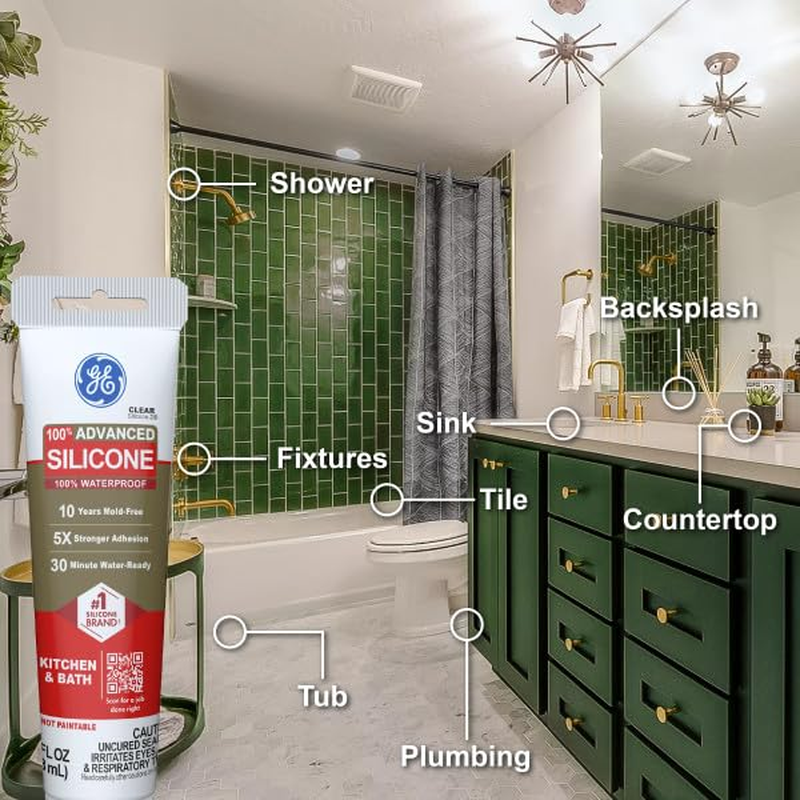 GE Advanced Silicone Caulk for Kitchen & Bathroom, Clear, 2.8 Fl Oz Tube, 1 Pack - 100% Waterproof Silicone Sealant, 5X Stronger Adhesion, Shrink & Crack Proof image number 3
