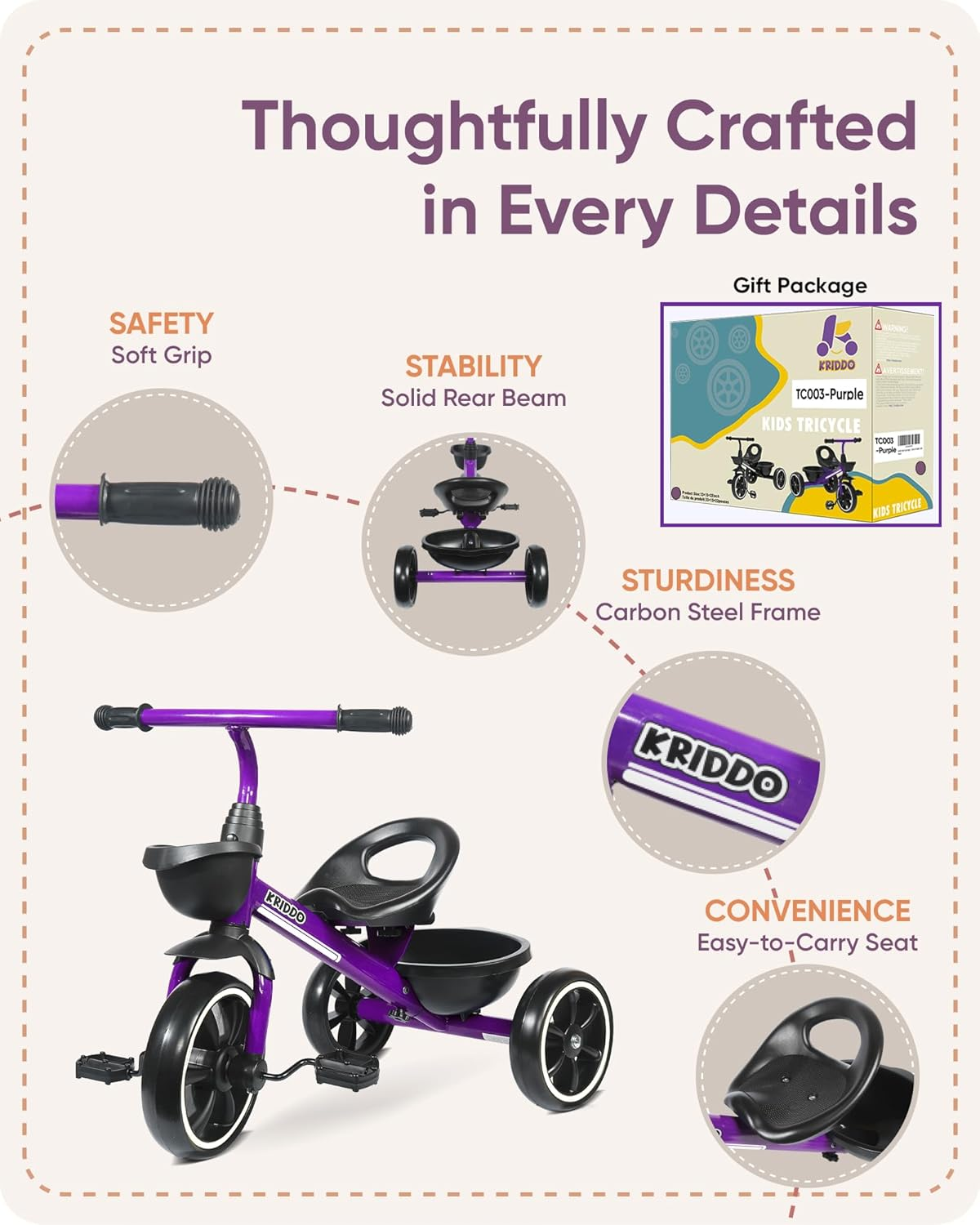 KRIDDO Kids Tricycles Age 24 Month to 4 Years, Toddler Kids Trike for 2.5 to 5 Year Old, Gift Toddler Tricycles for 2-4 Year Olds, Trikes for Toddlers, Purple image number 5