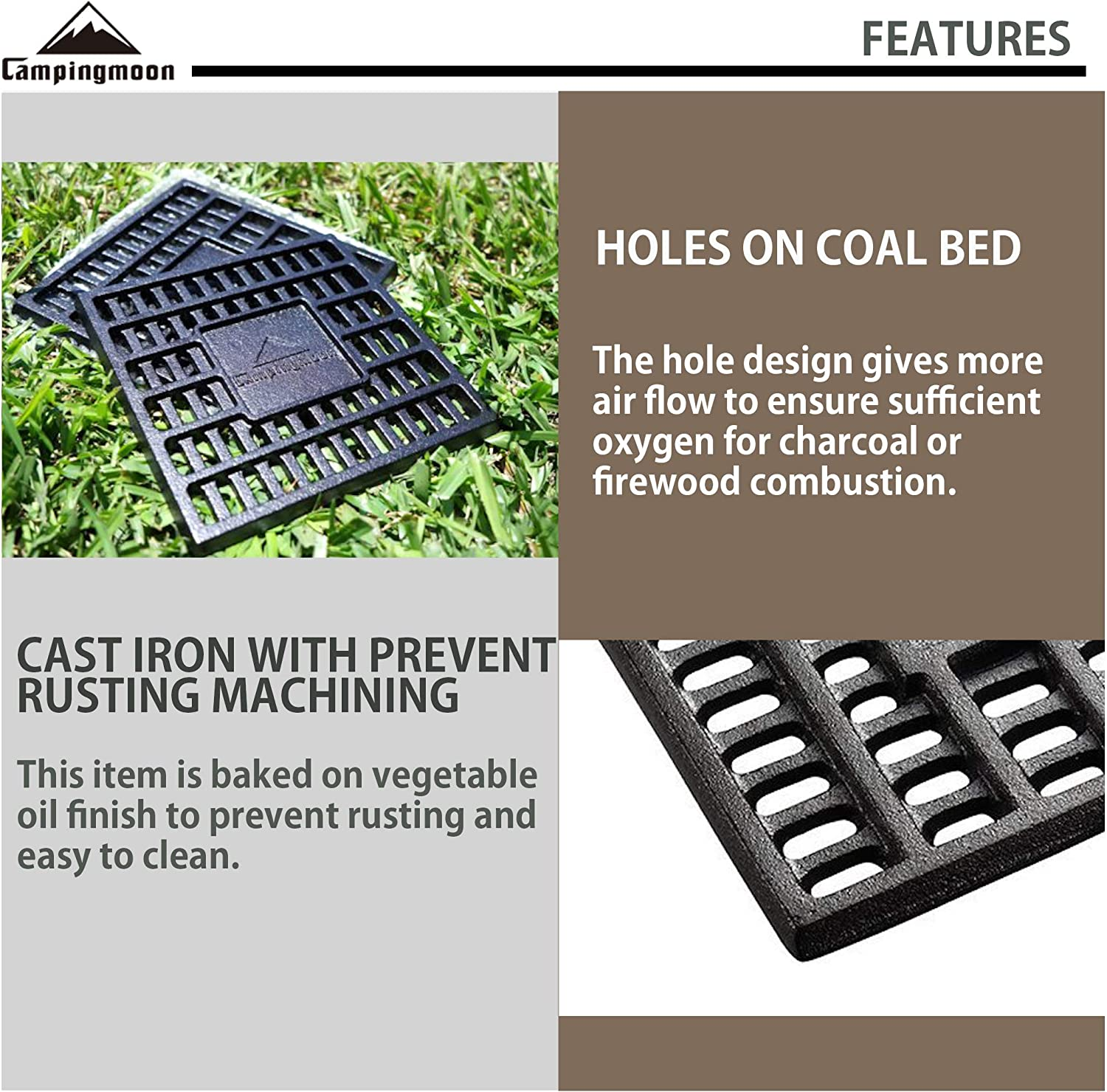 CAMPINGMOON Cast Iron Coal Bed Charcoal Fire Grate 6.89X6.89-Inch T-175 image number 1