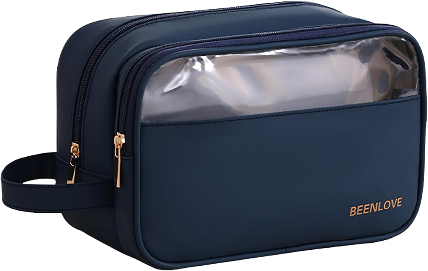 Portable Travel Waterproof Makeup Bag/Cosmetic Bag with Golden Zip for Women and Girls/Wide Open Cosmetic Organiser Made of PU Leather with Side Handle/Nail Polish & Makeup Brush, Navy, 25CM image number 2
