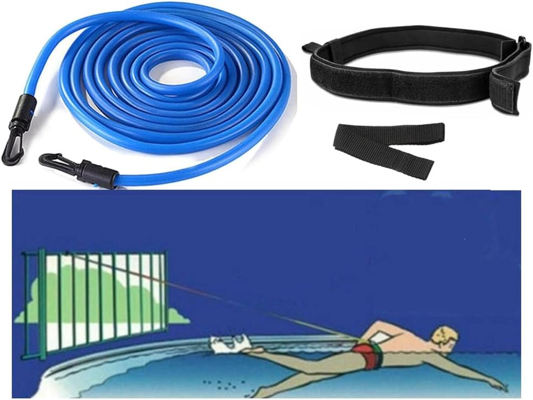 4 M Swim Belt, Swimming Training Belt,Swim Harness Static Swimming Belt，Waist Harness Resistance Training Belts,Elastic Swim Tether Stationary Set with Waist Band