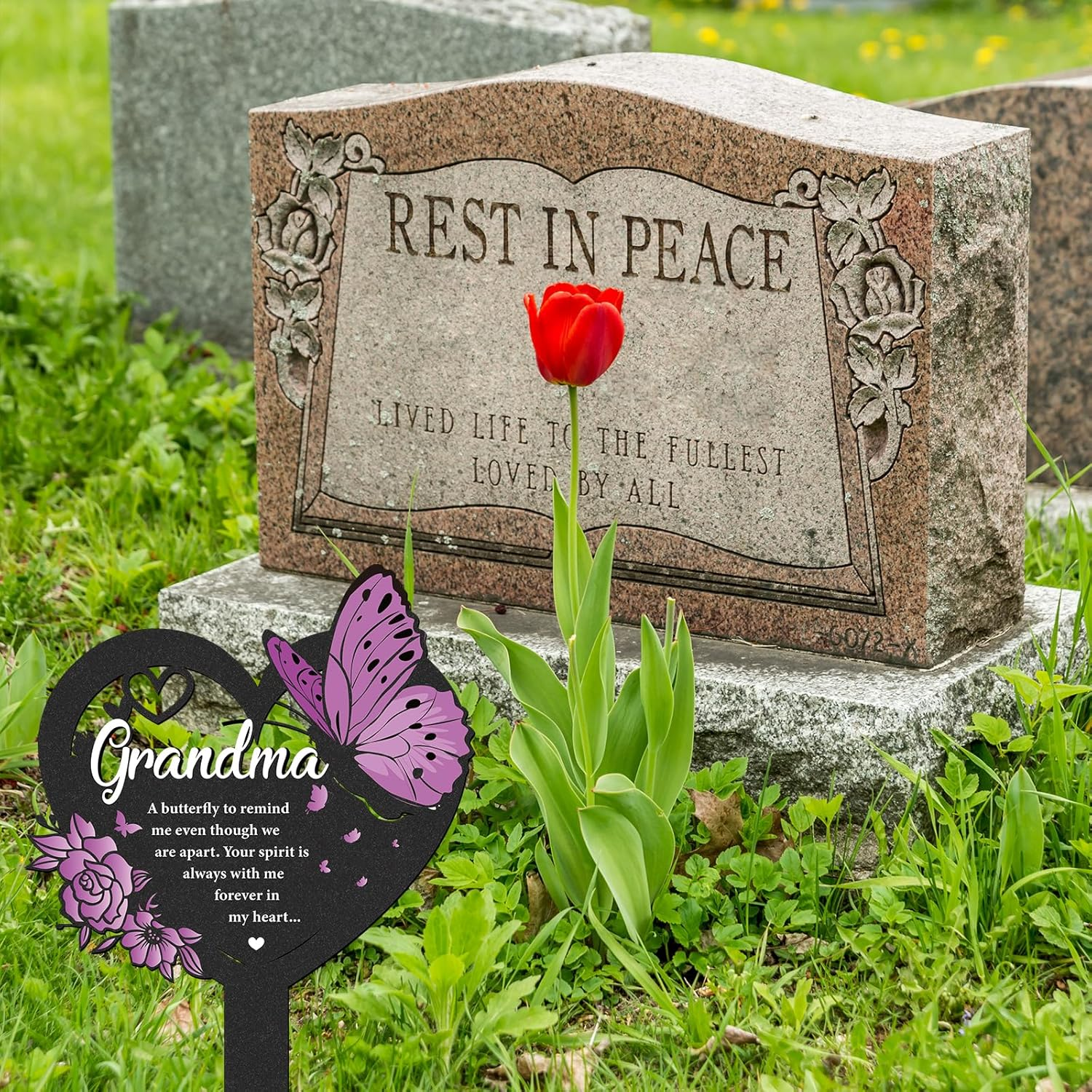 LIRAVENO Butterfly Memorial Grave Stakes - 1 Pcs Black Heart Cemetery Markers Decoration for Loss Grandmother Personalized Humans Metal Plaques Decor for Outdoors Sympathy Garden Yard Remembrance Sign