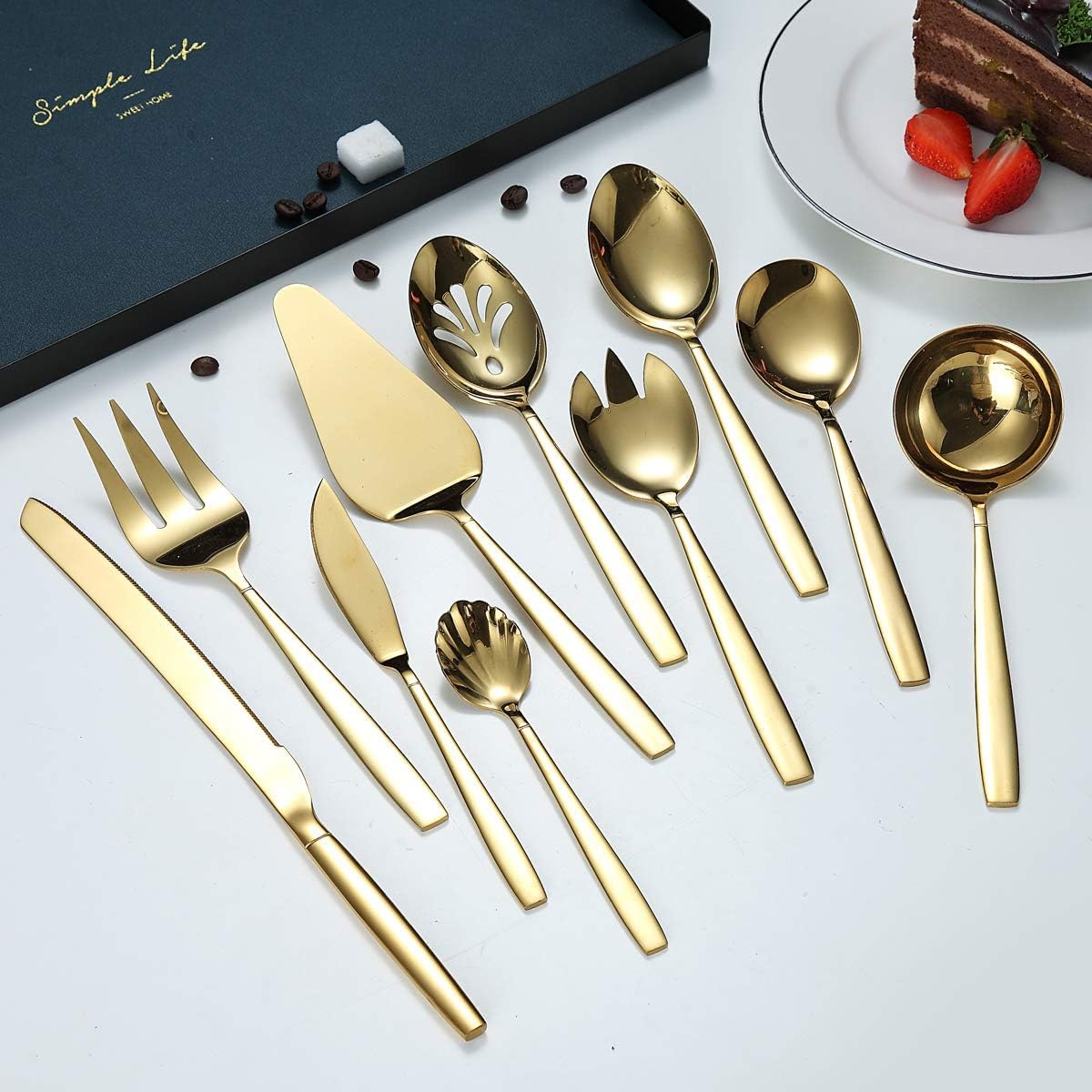 Berglander Gold Serving Utensils 10 Pieces, Titanium Golden Plating Serving Spoons, Included Cake Knife Cake Server Serving Forks Sugar Spoon Salad Spoon Forks Butter Knife Gravy Ladle Ect. image number 3