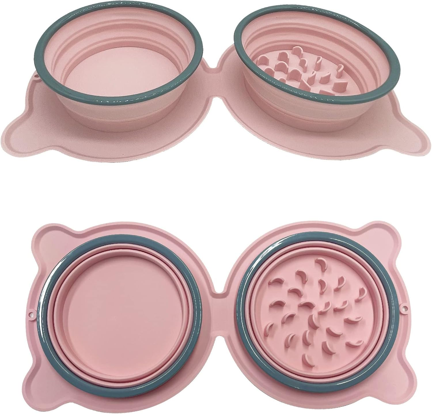 Portable Collapsible Dog Bowl - Silicone Travel Pet Bowl with Slow Feeder, Holds 500Ml Water & 300G Food, Anti-Slip, Easy to Clean, Foldable Double Bowl for Outdoor Walks (Pink) image number 3