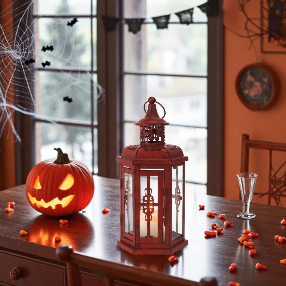 JHY DESIGN Decorative Candle Lantern 10&ldquo;H Vintage Hanging Lantern Metal Candleholder for Indoor Outdoor Events Parities and Weddings (Red with Black Brush) - 10&ldquo;H Red image number 4