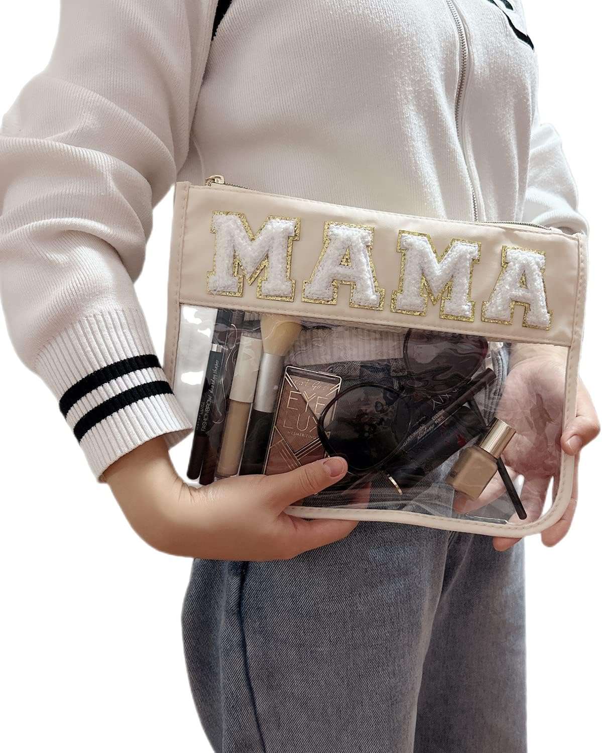Clear Makeup Letter Bag, Chenille Patch Cosmetic Toiletry Pouch, Stadium Preppy Bags for Women Girls, Beige-Mama image number 5