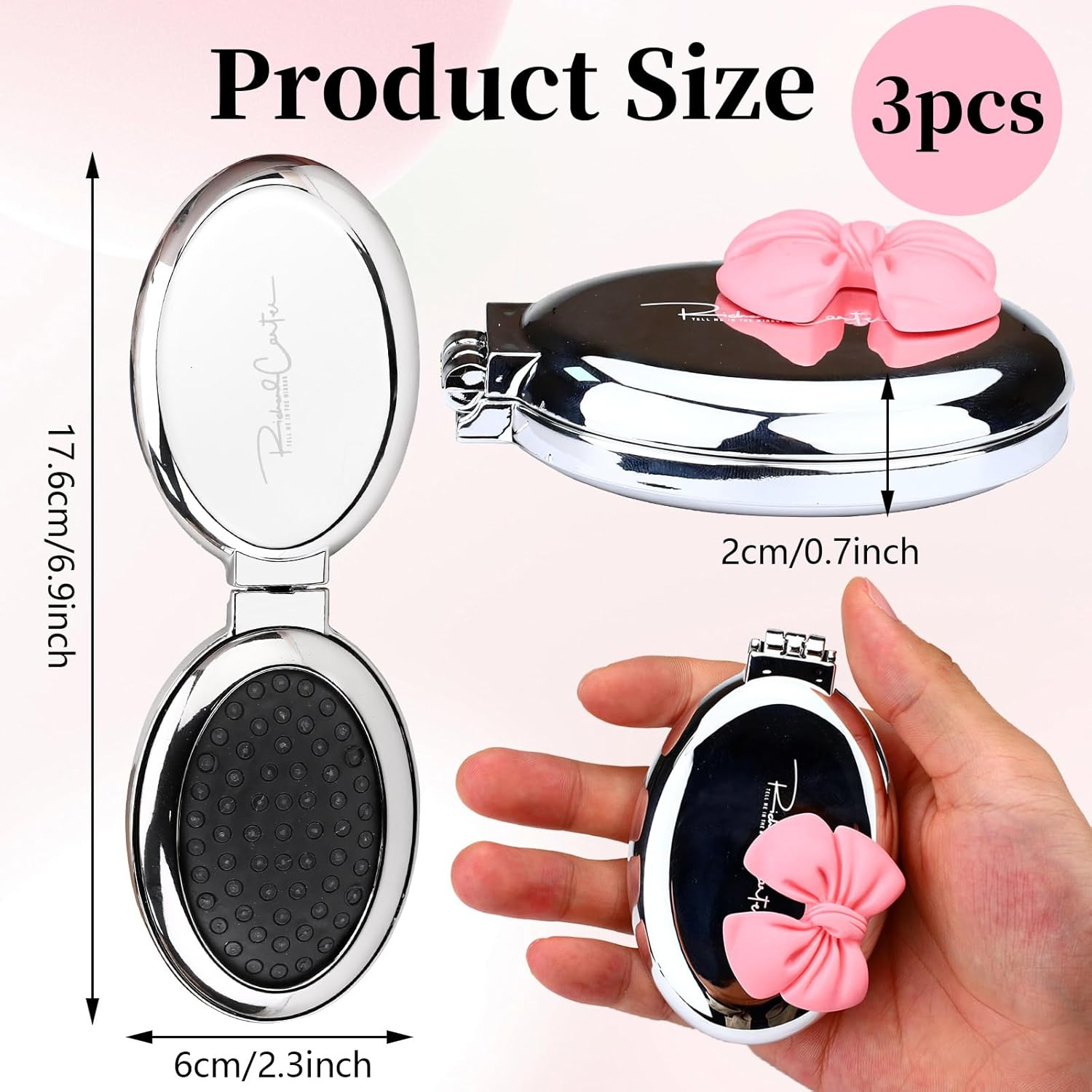 Yitexin 3 Pack Travel Size Folding Hair Brush with Pocket Mirror, Foldable Small Hairbrush for Women Men, Compact Paddle Brush Air Cushion Comb for Detangling Massage (Bowknot, 2 Colors) image number 4