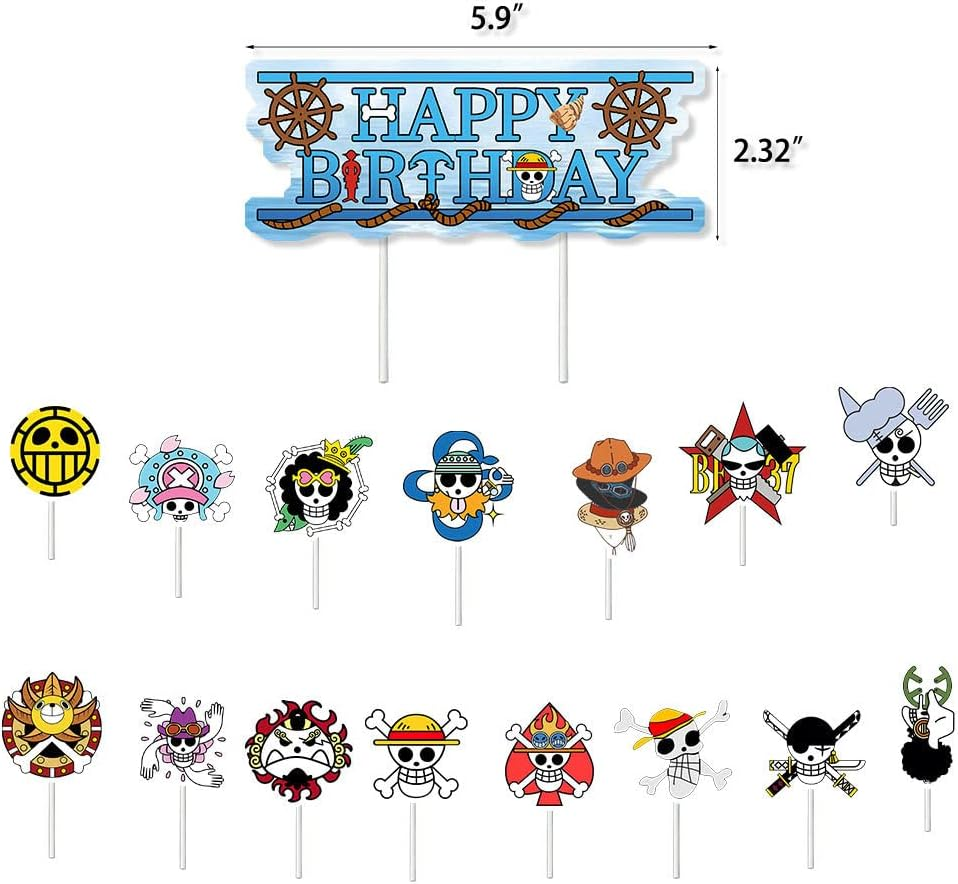 Birthday Party Supplies for One Piece, Cartoon Piece Theme Party Decorations Includes Birthday Banner, Cake Topper, Cupcake Toppers, Balloons