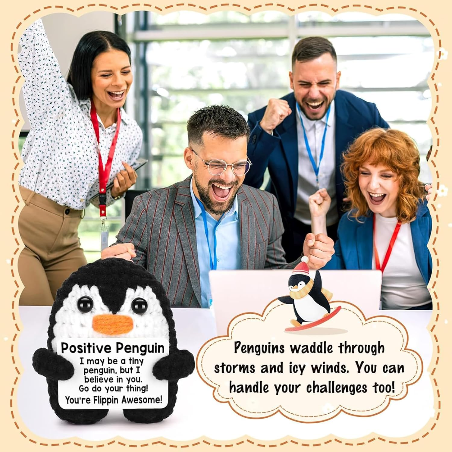 Positive Penguin Funny Gifts,Mini Funny Positive Crochet Penguin,Desk Decoration Crochet Birthday Gifts for Mom Best Friend Coworkers Teens Inspirational Support for Graduation Appreciation Cute Decor image number 4