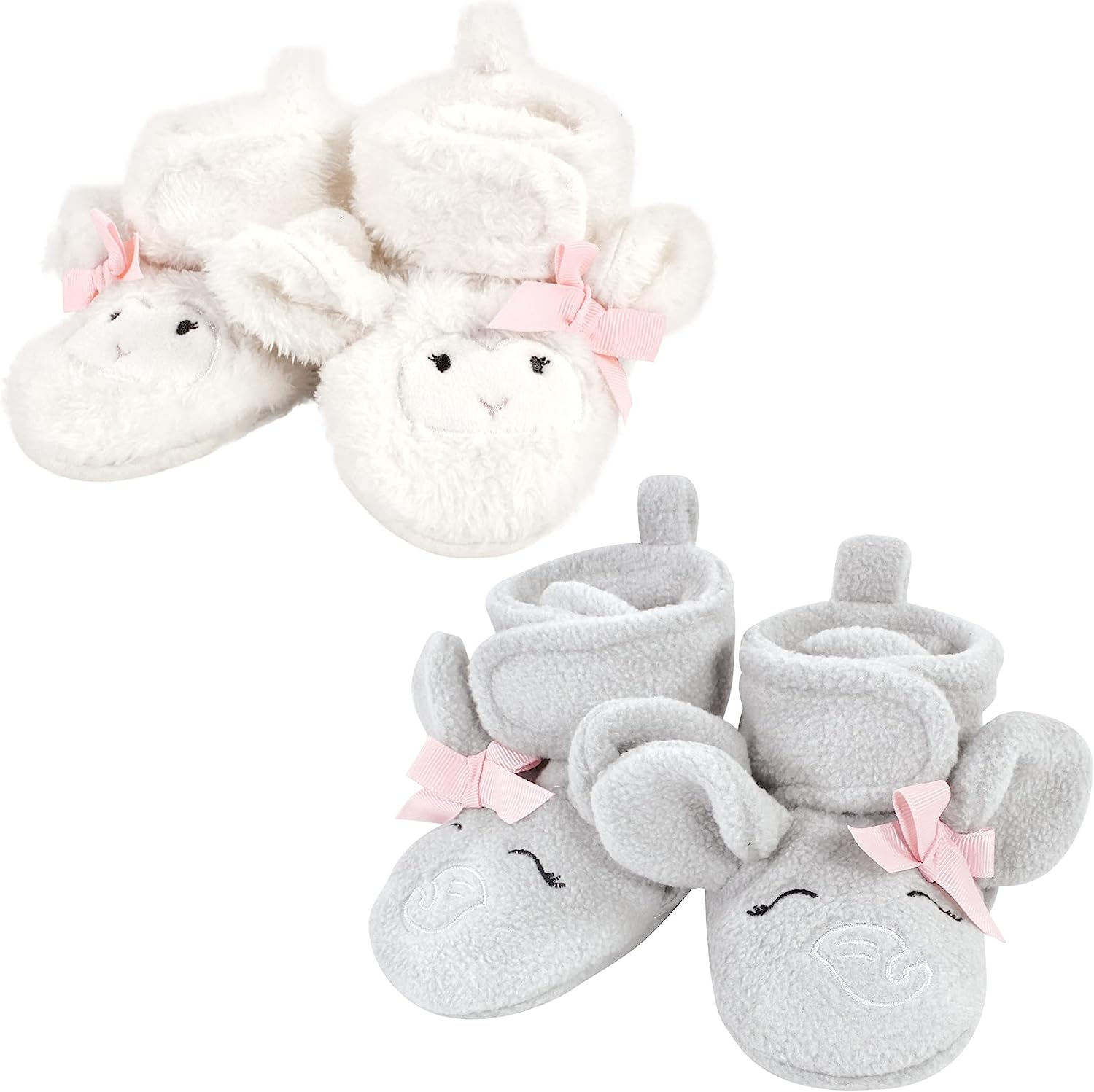 Hudson Baby Unisex Baby Animal Fleece Booties 2-Pack, Gray Elephant Lamb