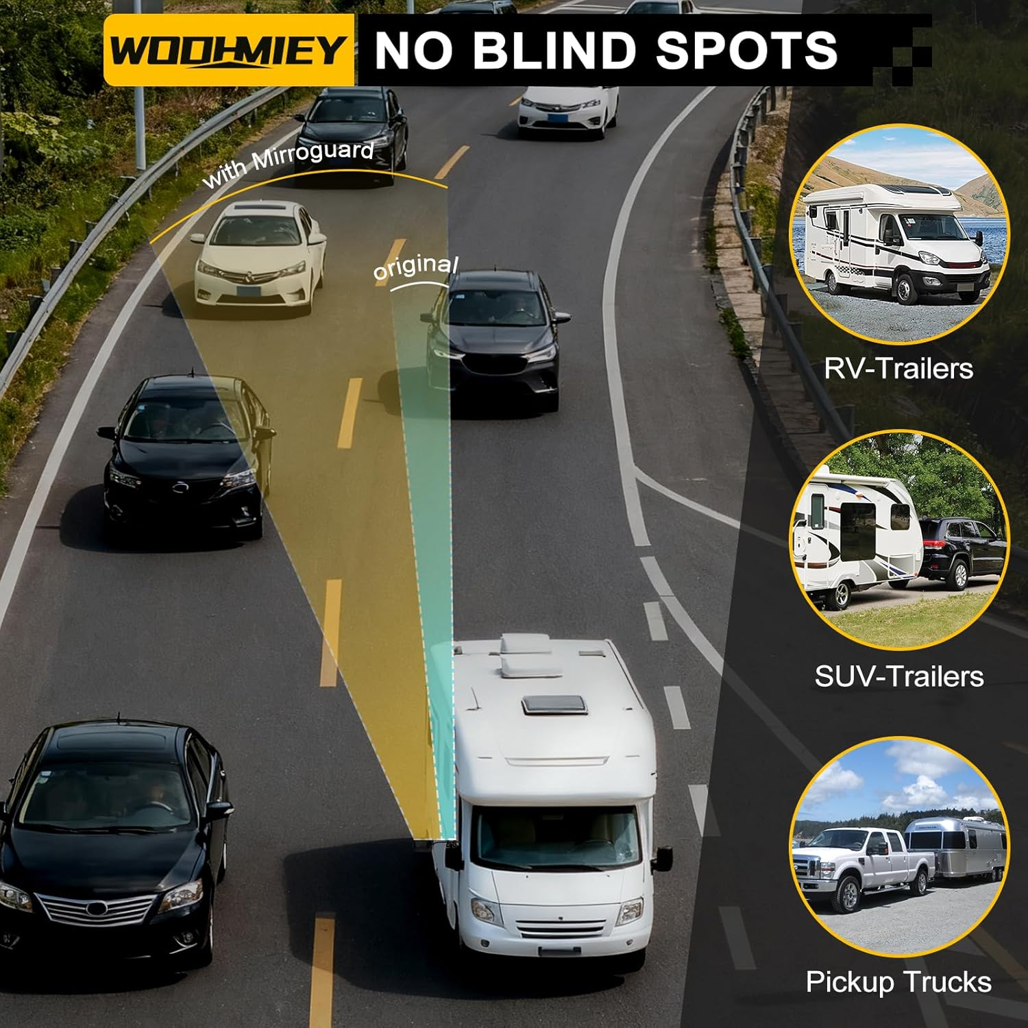 WODHMIEY Universal Towing Mirror, Clip on Towing Mirrors Extensions, 360 Degree Rotation, Adjustable Angle Metal Bracket for Trailer Bus RV Truck with ABS Glass Construction image number 4