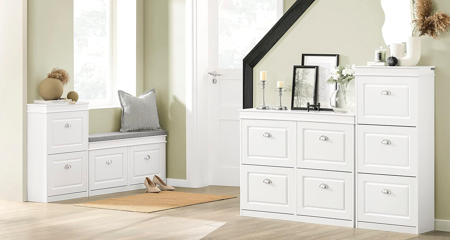 Sobuy Hallway Shoe Bench Storage Cabinet with Seat Cushion and 2 Flip-Drawers Narrow Shoe Rack Bench with Adjustable Shelves White W104 X D24 X H51Cm FSR64-W image number 4