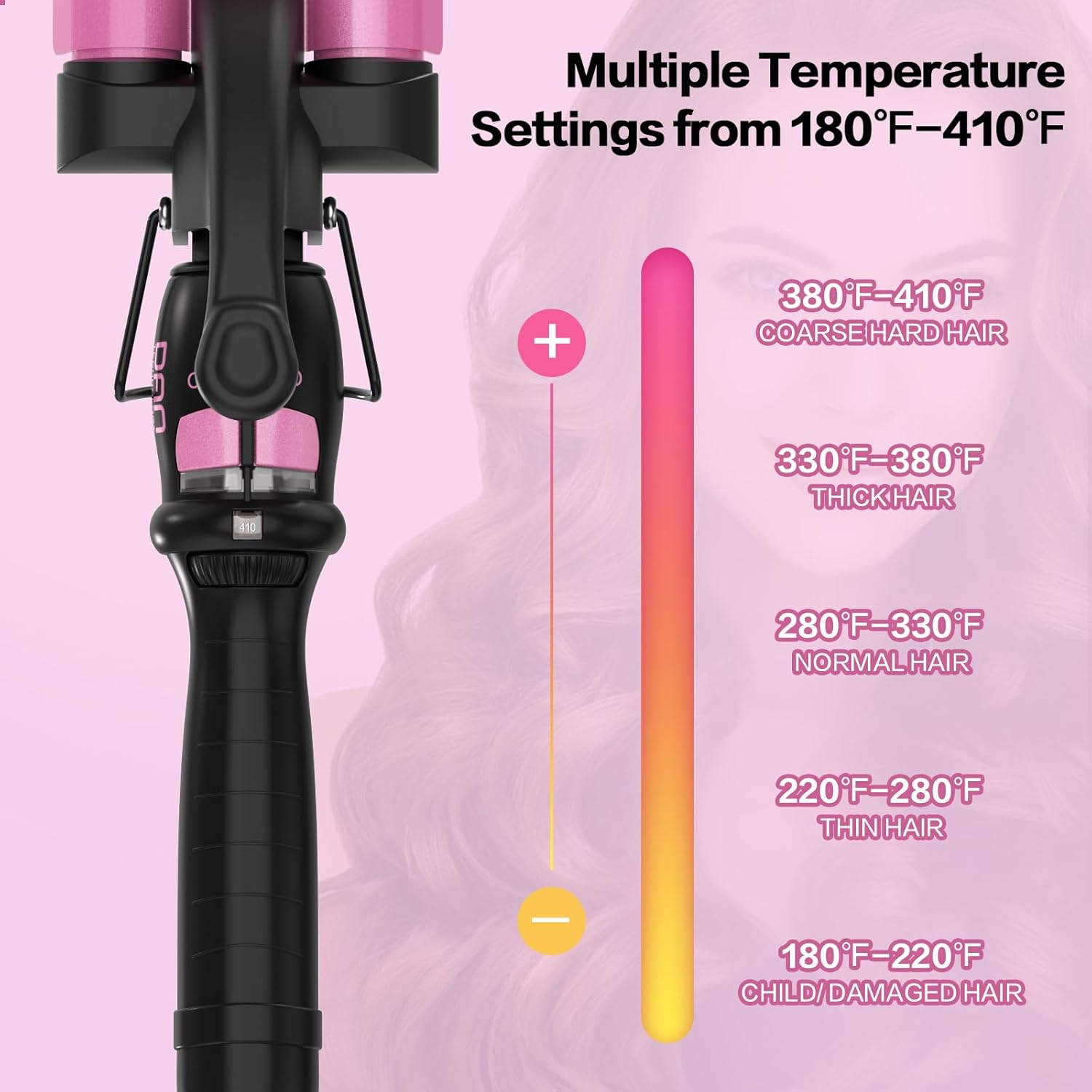 DAN Technology 1 Inch Ceramic 3 Barrel Curling Iron Wand Hair Waver (Pink) image number 5