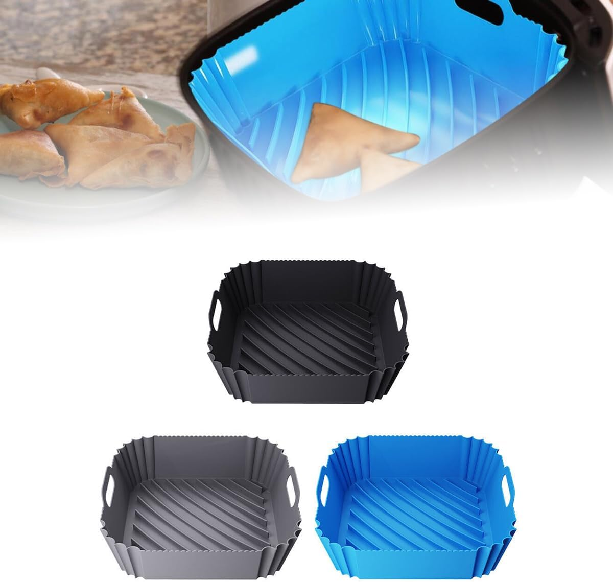 AIMALL Silicone Air Fryer Pot - Non-Stick Reusable Basket Liner, Baking Tray with Strong Handles, Grey & Black - Grey image number 5