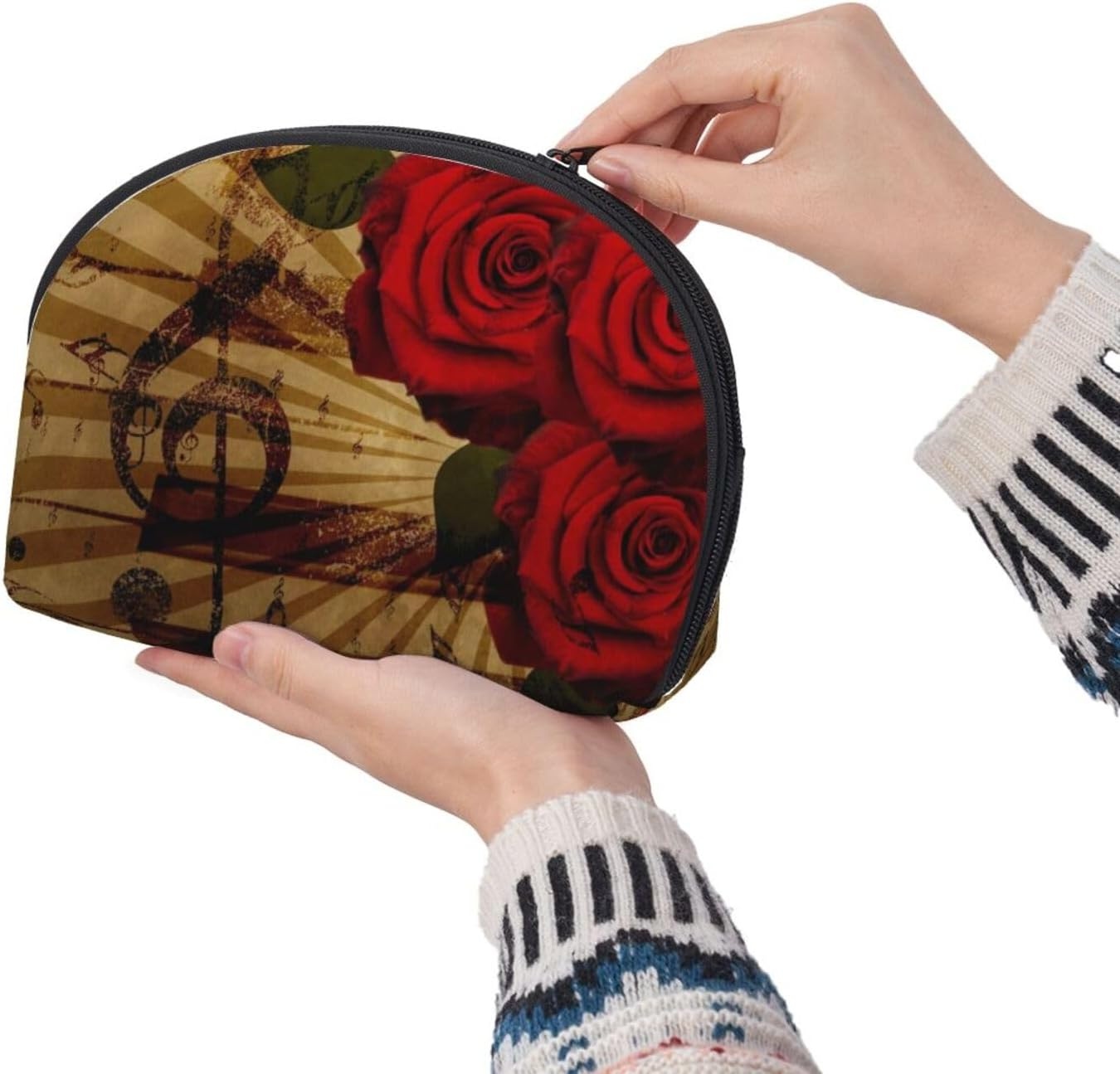 Cozimangoe Coin Pouch Makeup Bags Set, 2 Piece Shell Shape Cosmetic Bag with Pockets for Daily Travel Handbag Lipstick Keys Toiletry, Personalized Grunge Rose Vintage Music image number 1