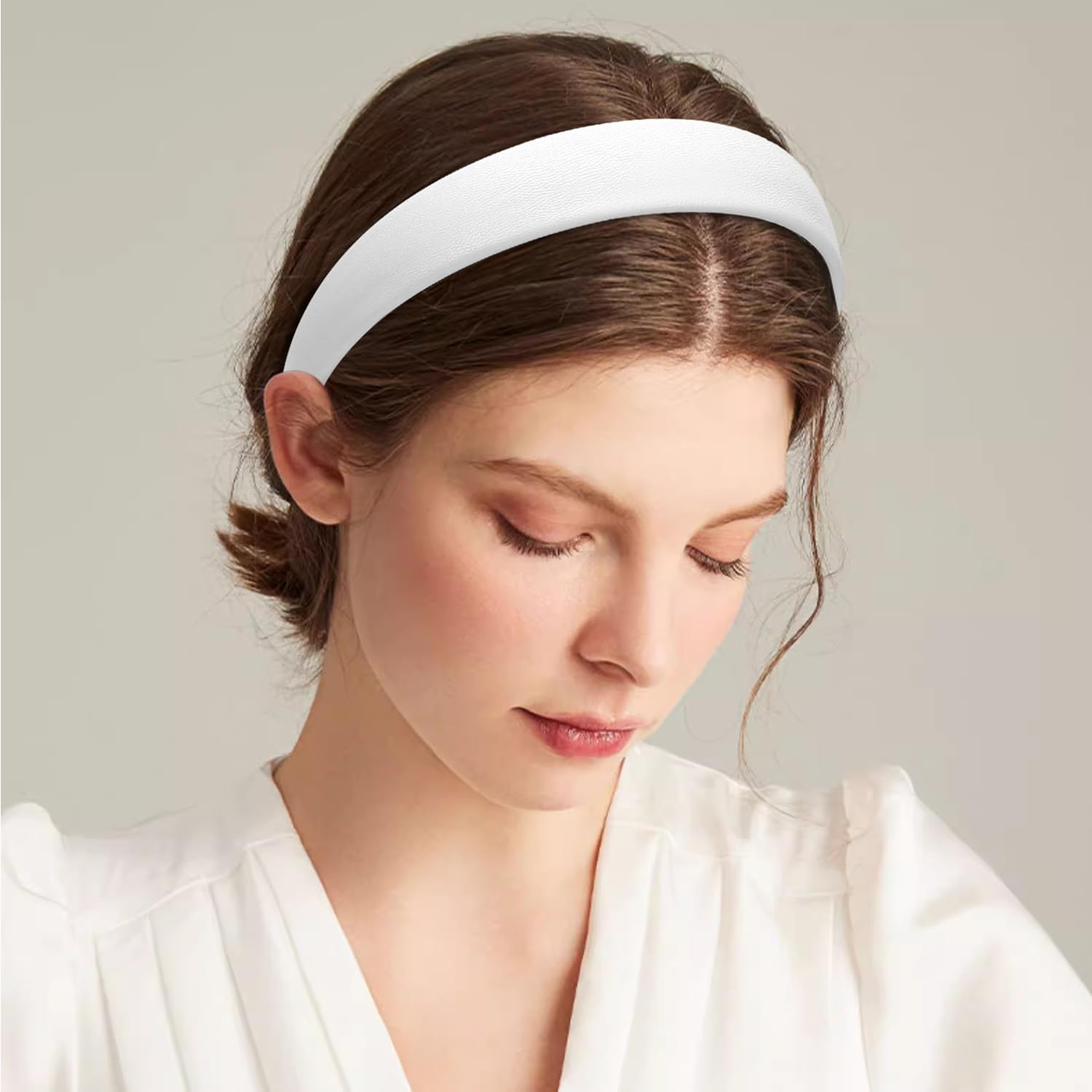 Wantgor 1 Inch PU Leather Headband, Wide Padded Hairband Fashion Hair Bands Cute Womens Headbands Holiday DIY Hair Accessories (White) image number 4