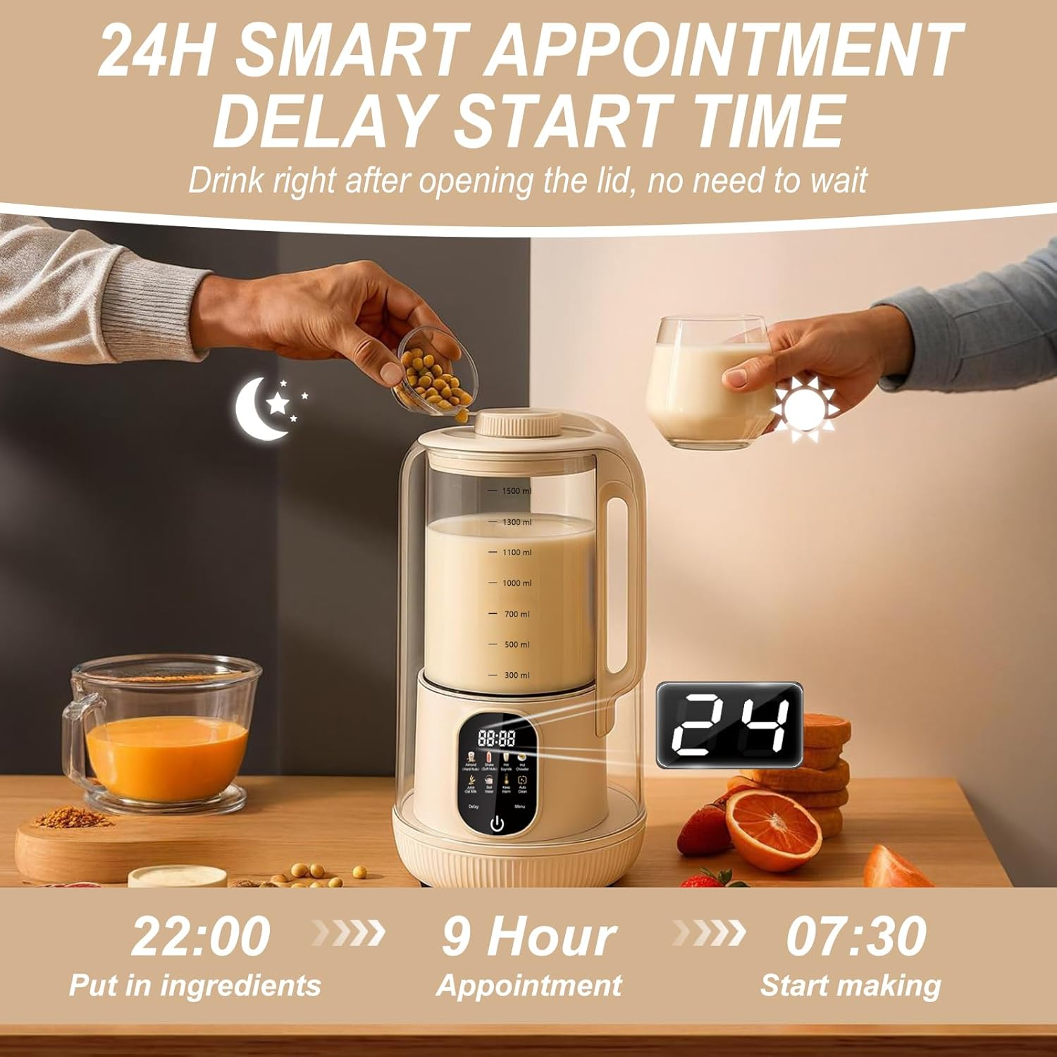 1500Ml Nut Milk Maker Machine 6-In-1 Automatic Soy Milk Maker for Almond, Oat, Soy & Plant-Based Milks, Non Dairy Beverages with Delay Start/Auto-Clea/Keep Warm/Boil Water image number 2