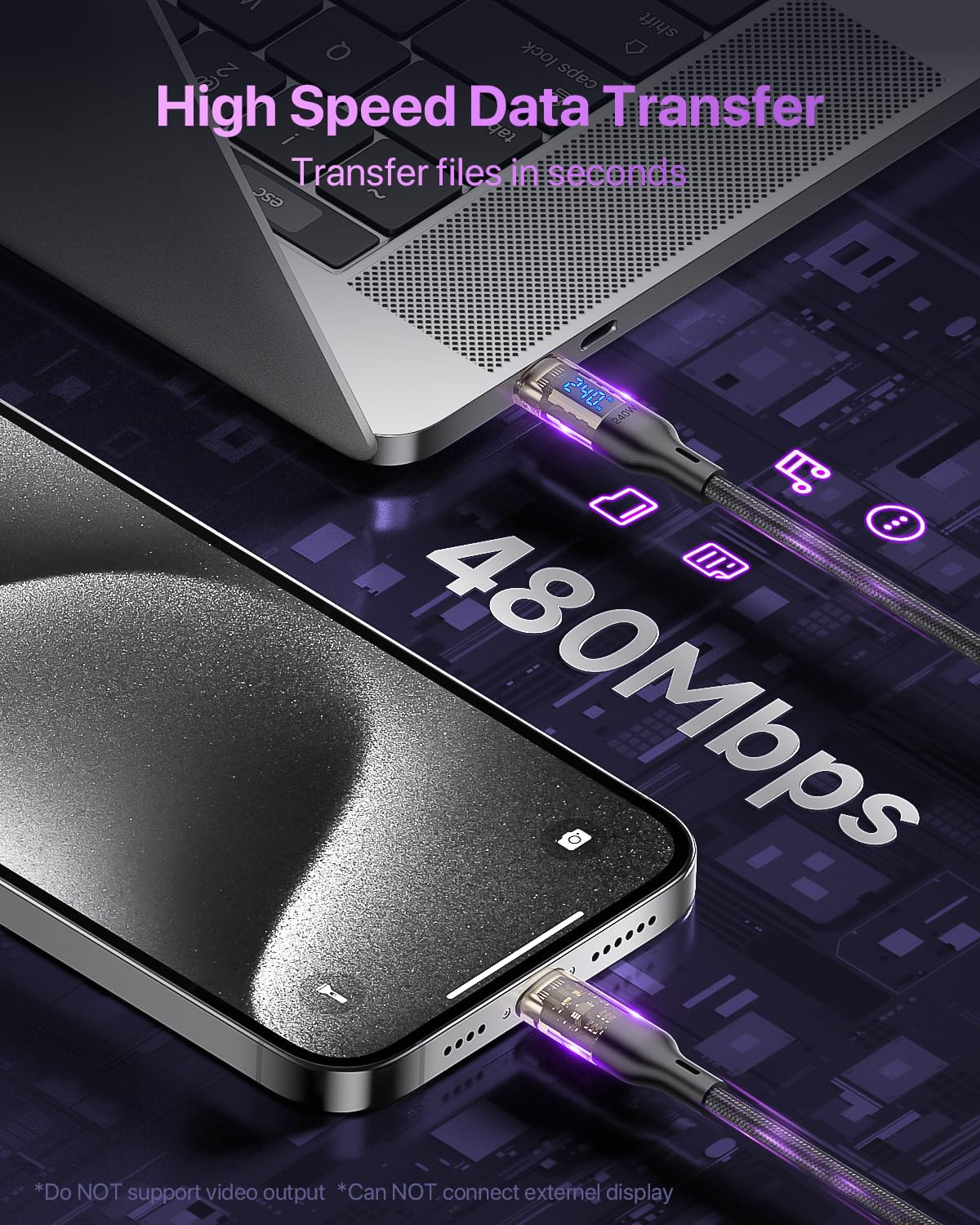 240W USB C to USB C Transparent Cable with LED Display Compatible with 140W 100W Fast Charging for Macbook Pro,Lphone15/15Pro/15Promax, Galaxy S23+/S23Ultra/S22,2M,Black image number 1