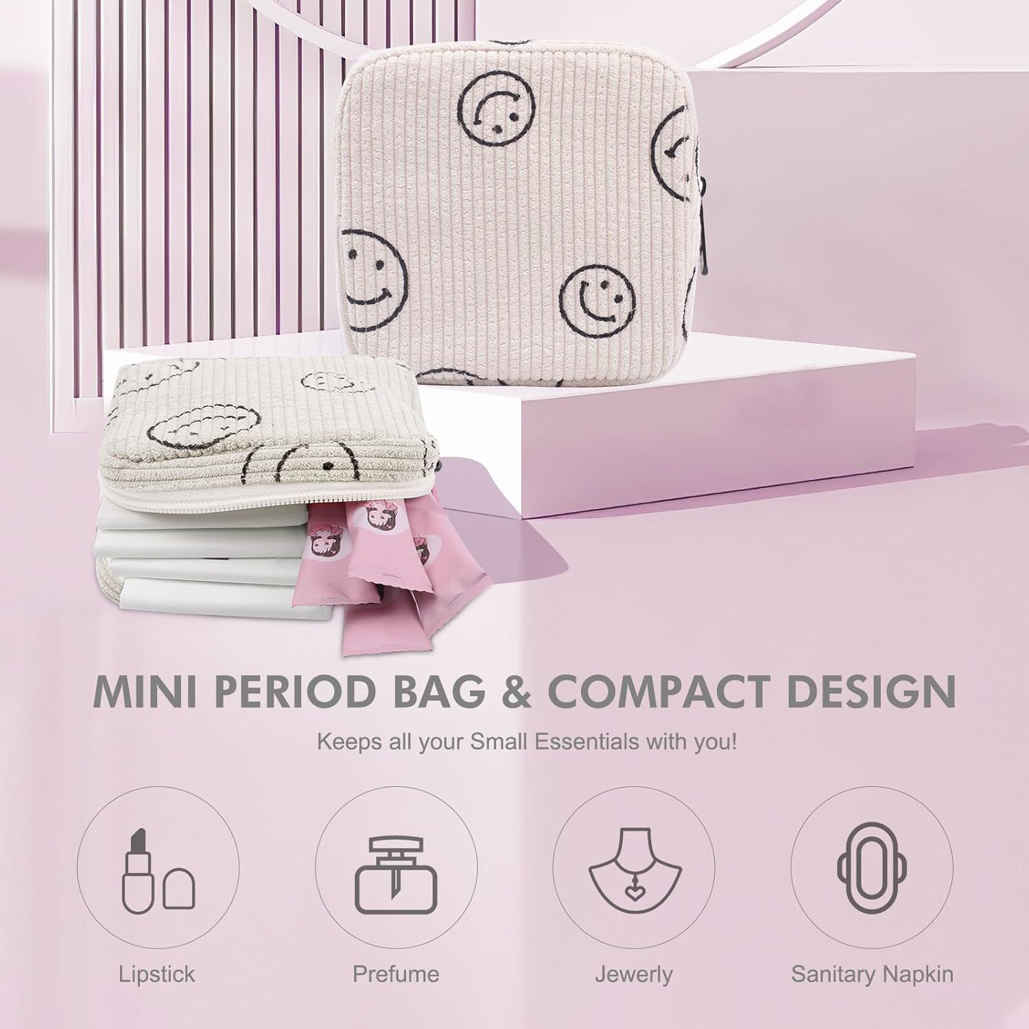 Teircno Sanitary Napkin Storage Bag,Preppy Corduroy Period Bag for Women, Cute Smiley Face,Portable Period Pouch with Zipper, Sanitary Pads Bag Tampons Holder for Purse, First Period