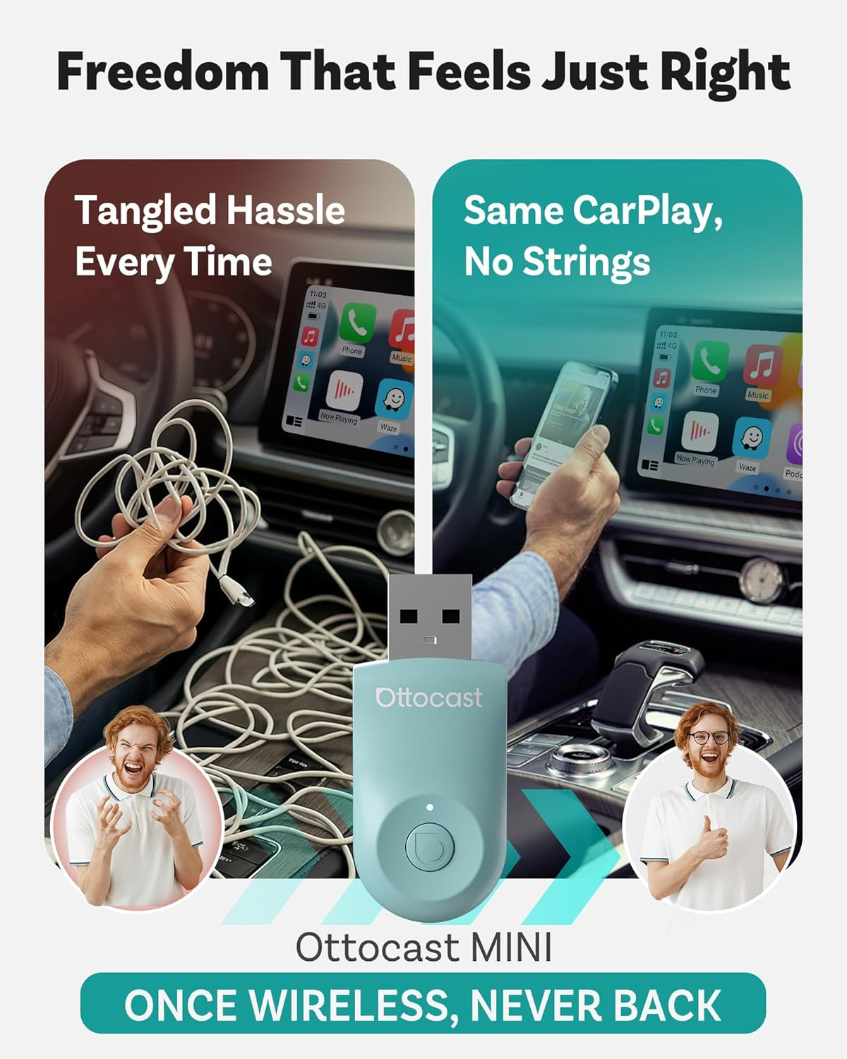 OTTOCAST Mini 2025 Wireless Carplay & Android Auto 2-In-1 Adapter, Plug & Play, 5Ghz Wifi, Auto Connect for Iphone & Android, Fits 98%+ OEM Wired Carplay Cars (Green) image number 2