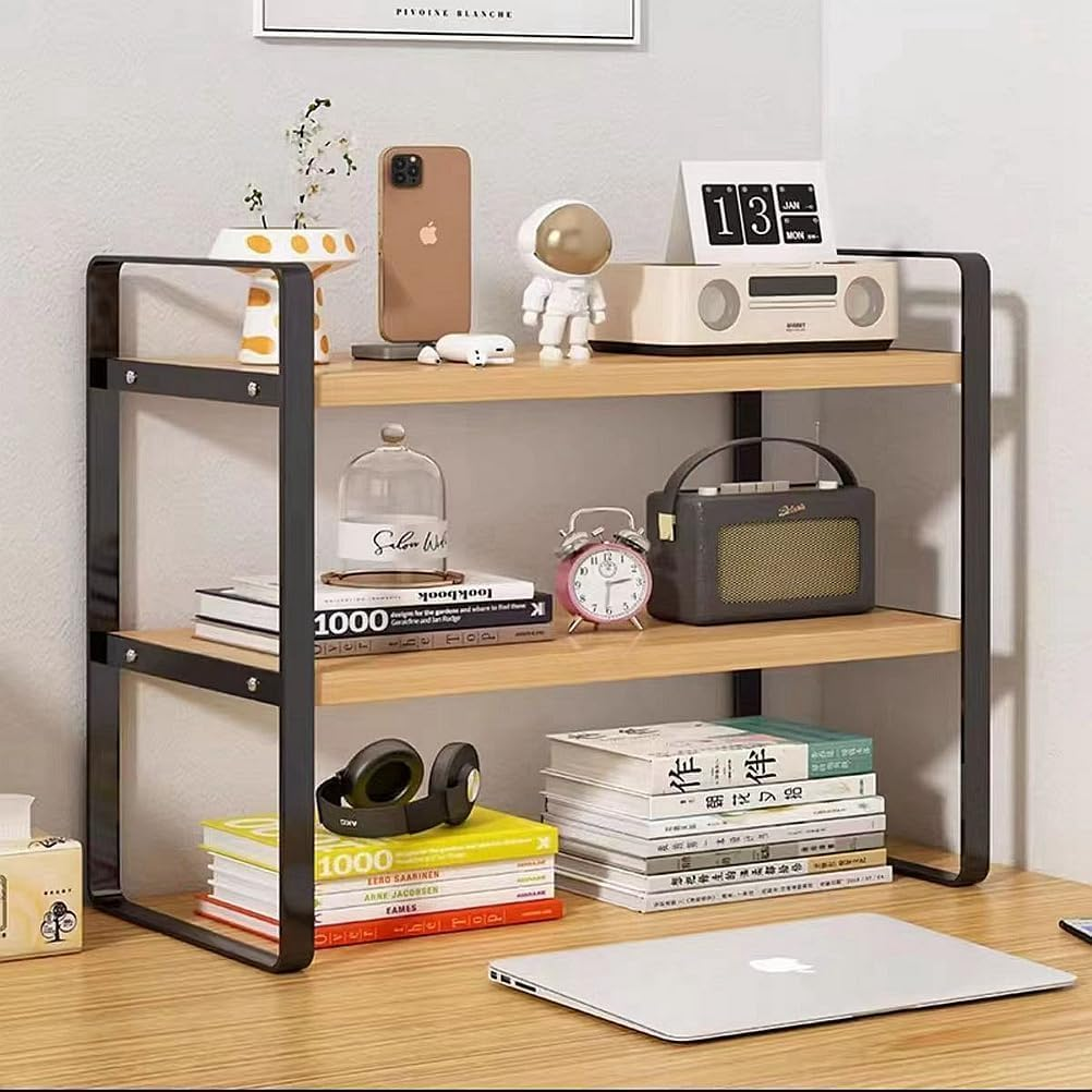 Fohouse Wooden Desktop Bookshelf Organizer, Office Desk Shelf Organizer - Multi-Purpose Bookshelf for Office Supplies, Makeup Top Organizer Storage, and Home Decor (White-2 Tier)