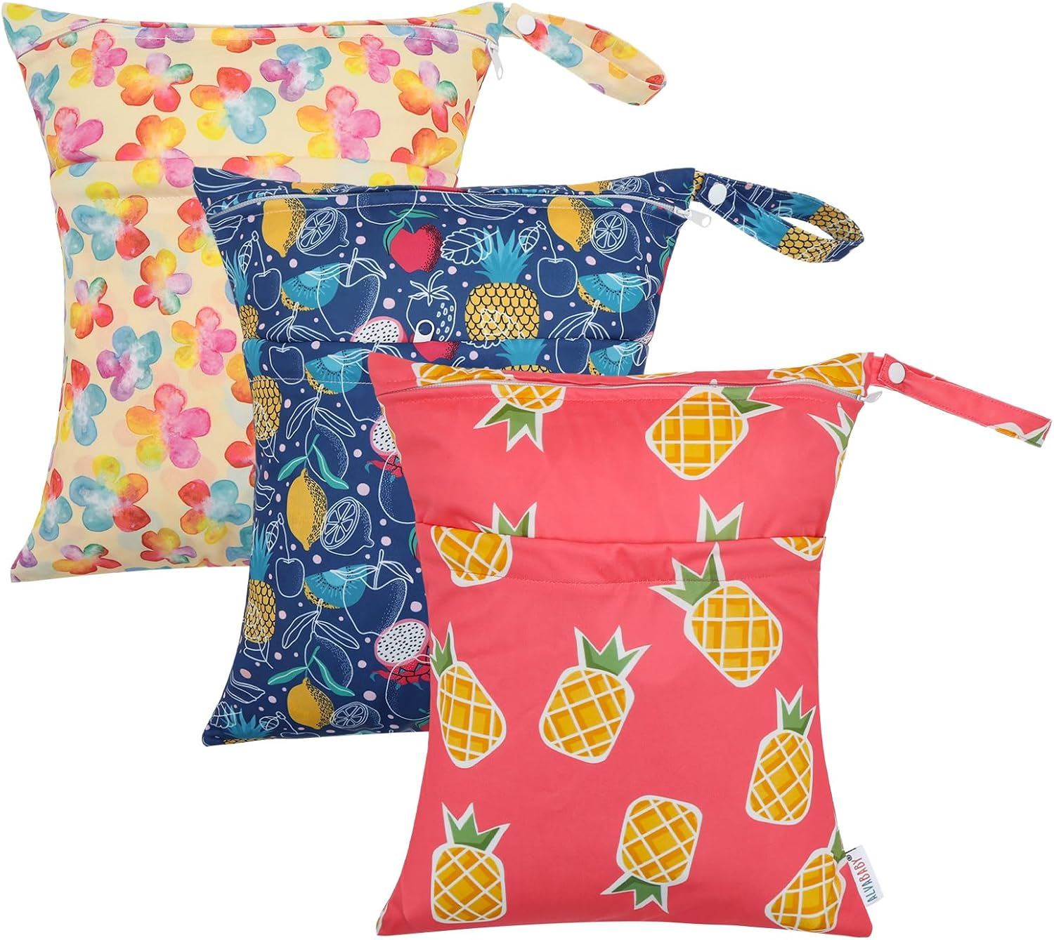 ALVABABY 3Pcs Cloth Diaper Wet Dry Bags Waterproof Reusable with Two Zippered Pockets Travel Beach Pool Daycare Soiled Baby Items Yoga Gym Bag for Swimsuits or Wet Clothes 3L-ZM20A