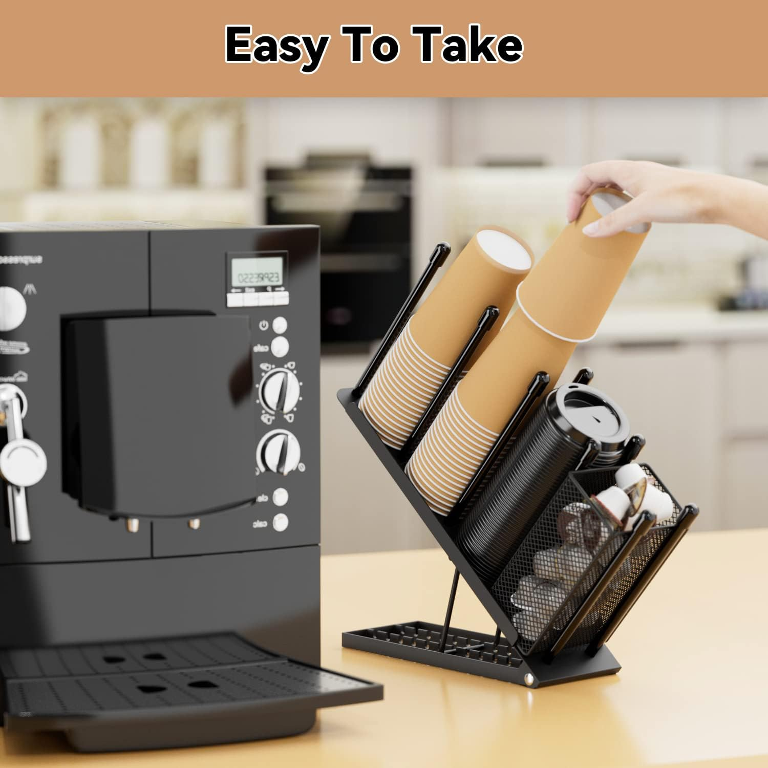 Ovicar Cup and Lid Holder - Adjustable Coffee Cup Holder Organizer 4 Compartment Disposable Cup Dispenser with Mesh Basket for Coffee Pod Straw Storage Metal (Black) - Black image number 2