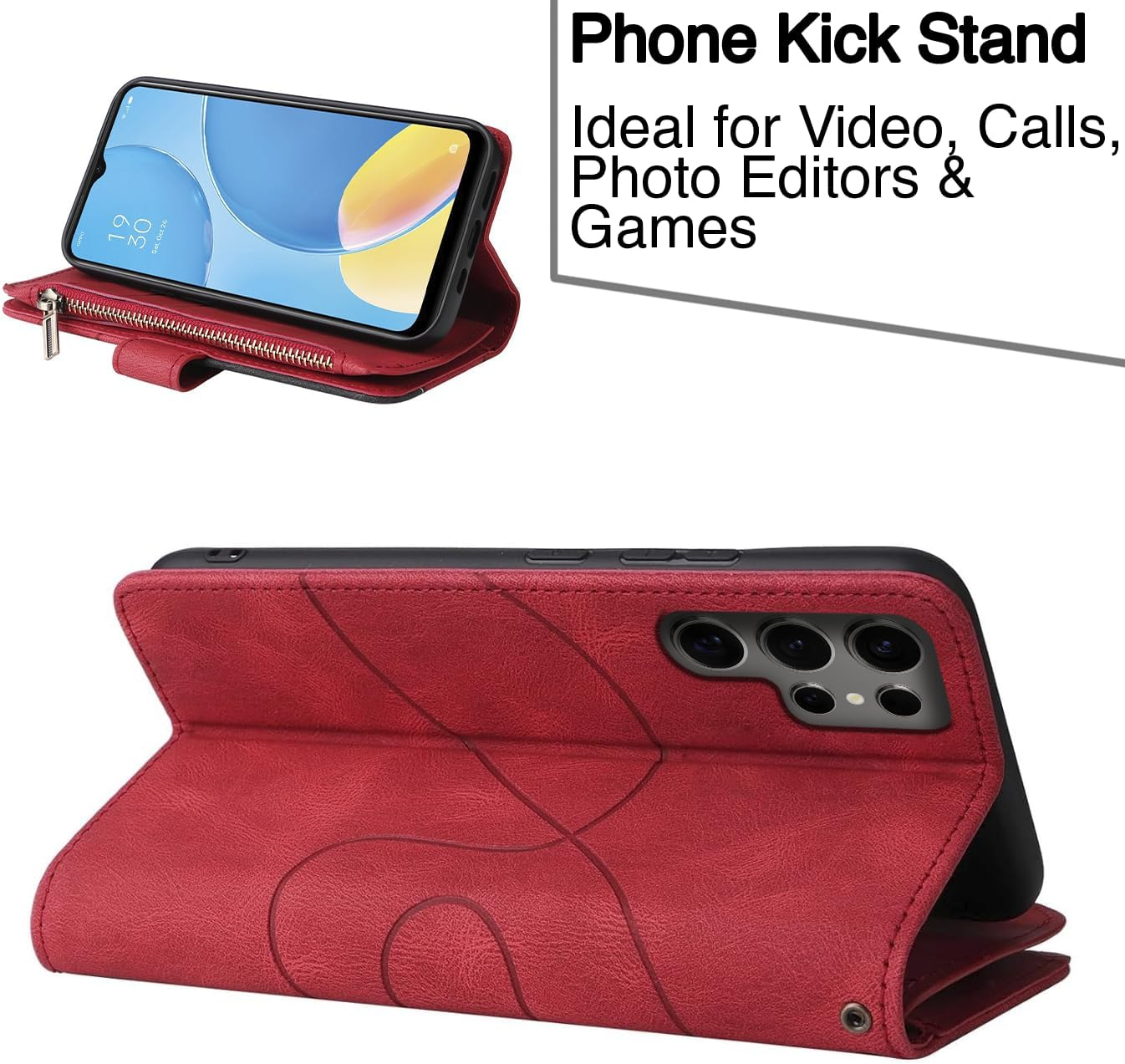 Design Piece of Leather-Like Wallet Phone Case for Samsung S24 Ultra with 5 Card Slots, Zipper Pocket, Kickstand and Magnetic Lock image number 3