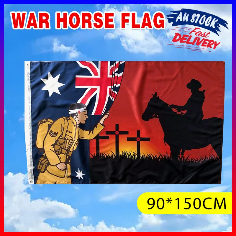 AIMALL Lest We Forget Flag 5X3Ft Australian War Horse ANZAC Day Remembrance Flag &ndash; 150X90Cm Durable Polyester Banner with Eyelets for Memorial Events Outdoor Display