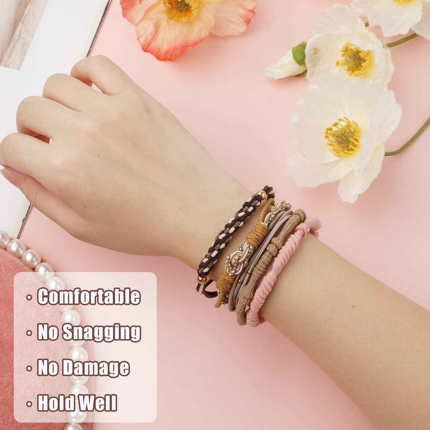 20Pcs Boho Hair Ties for Women, 5 Styles Hair Tie Bracelet Elastic Hair Bands Ponytail Holders Cute Boho Hair Ties for Thick Hair Pony Tails, No Damage