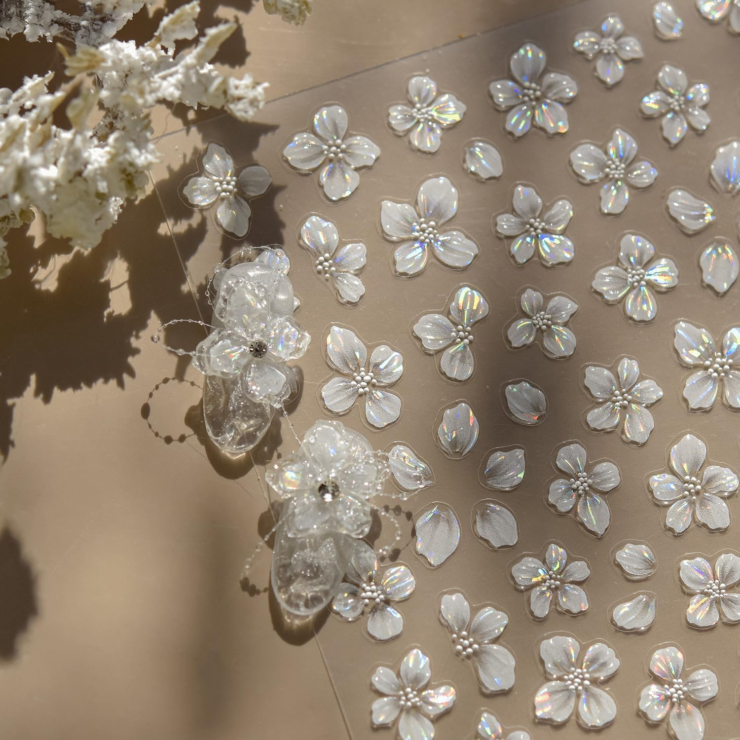 Surnavik Flower Nail Stickers for Women Girls - 5D Embossed White Flower Nail Art Supplies for Spring Summer（White&Yellow） (White) image number 6