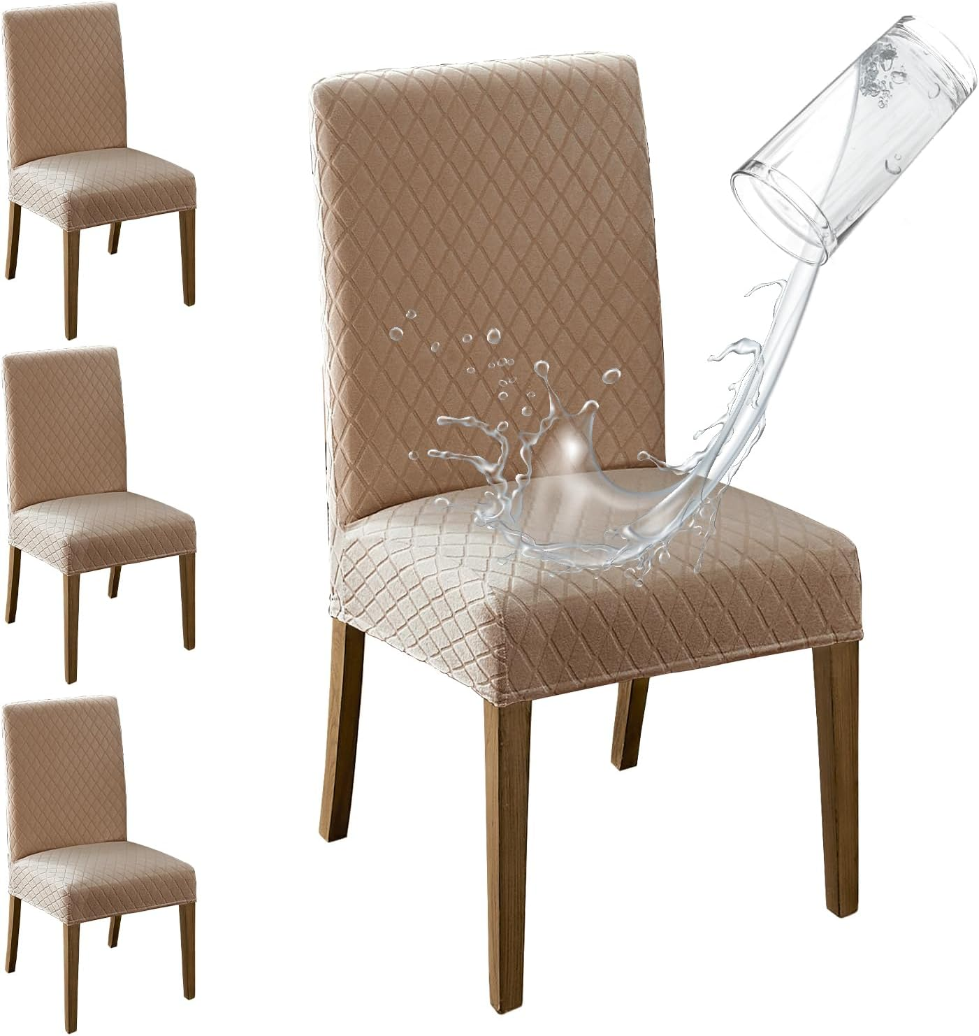 MOSAYT 100% Waterproof Dining Room Chair Covers Set of 4, Super Fit Stretch Jacquard Parson Chairs Slipcovers Removable Washable Chair Seat Protectors for Home, Kitchen, Banquet (Khaki)