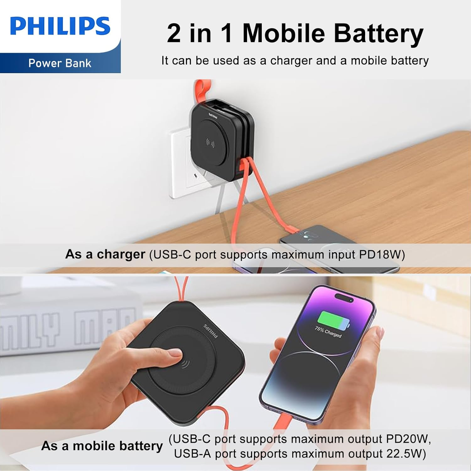 PHILIPS Power Bank Wireless 10000Mah 22.5W Powerbank Built-In Cable 10 in 1 Portable Battery Pack, Magnetic Universal Travel Fast Charging Adapter (UK,EU,AU) Compatible with Magsafe Iphone 17 Air Mblk - 15000Mah Pink image number 2