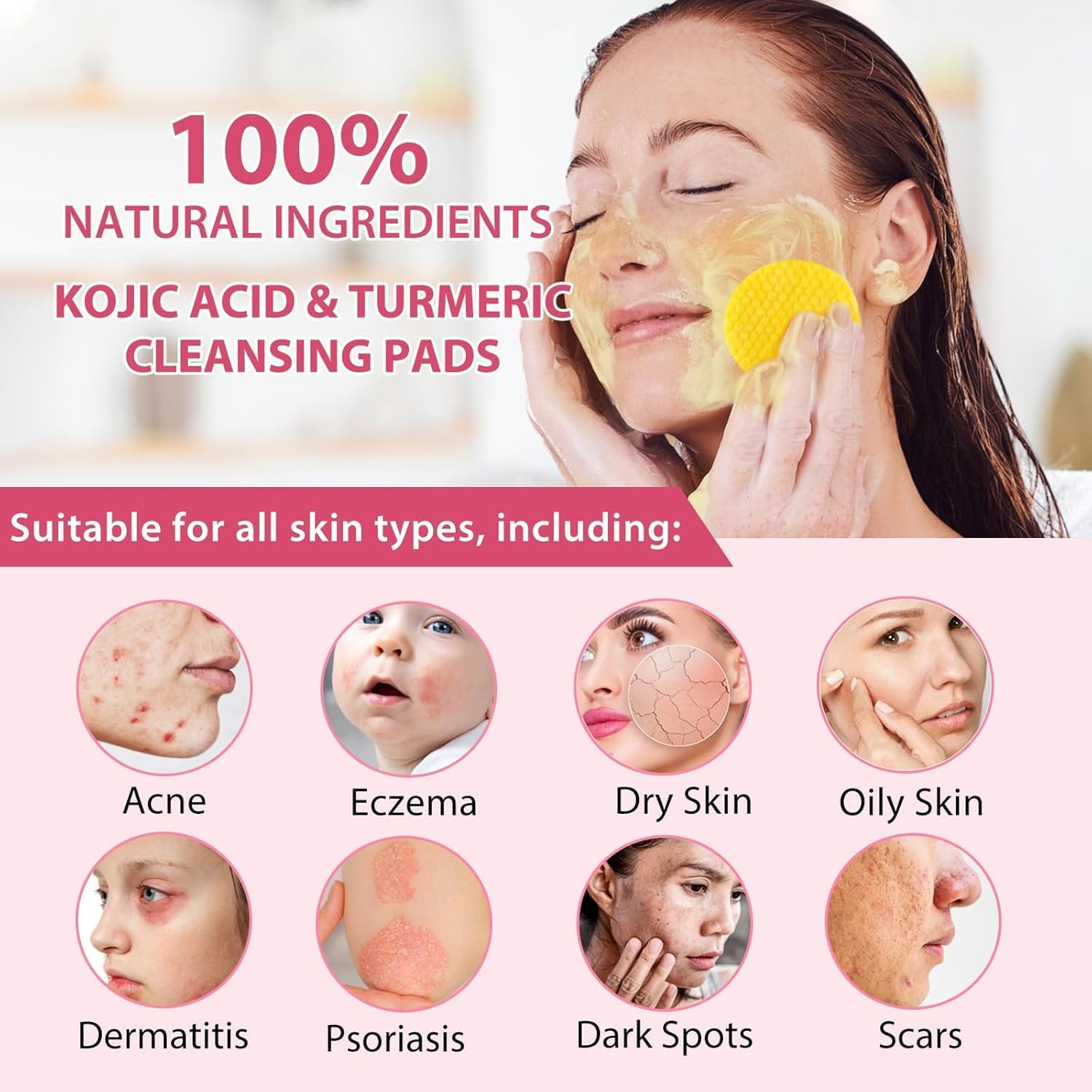 Kojic Acid & Turmeric Cleansing Pads - 100 Facial Cleansing Wipes with Vitamin C & B5 for Brightening, Exfoliating, Hydration & Gentle Dead Skin Removal | Hypoallergenic, Dermatologist-Tested