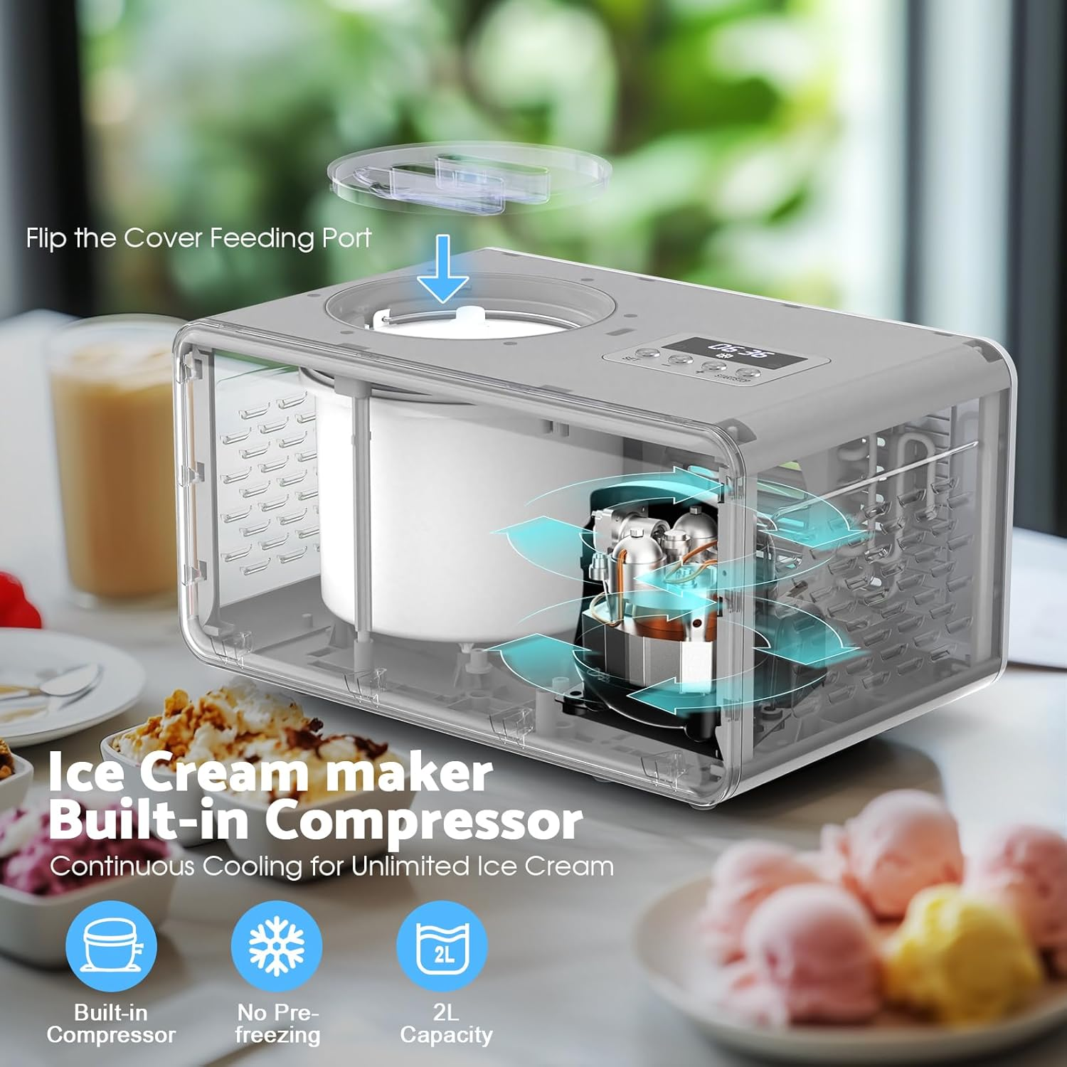 Advwin Ice Cream Maker with Built-In Compressor, 2L Frozen Yogurt & Gelato Machine, Sorbet Maker with LCD Display, 3 Modes, 2-Hour Keep Cool Function image number 2