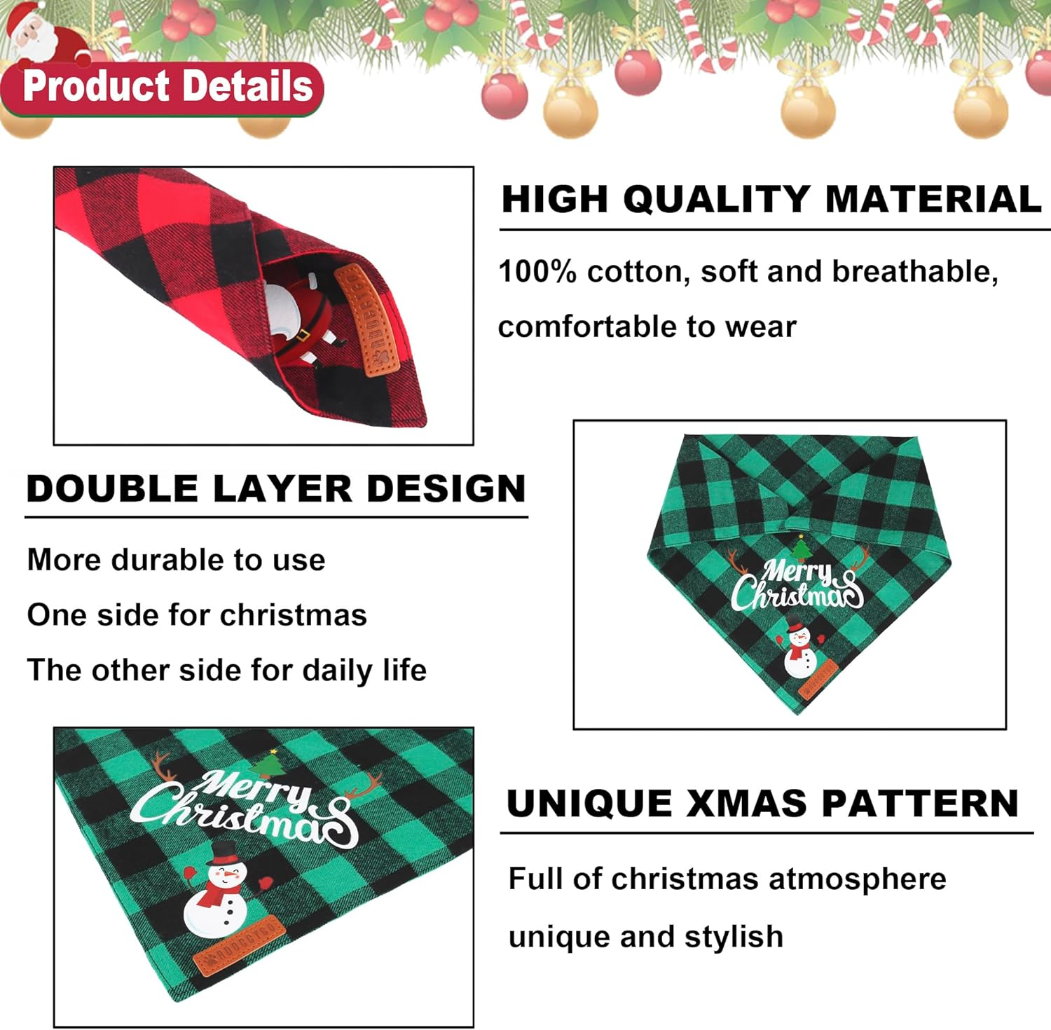 ADOGGYGO 2 Pack Dog Bandana Christmas Classic Plaid Pet Scarf Triangle Bibs Kerchief Merry Christmas Santa Snowman Print Pet Bandana for Medium Large Dogs Pets (Christmas-1, Large)