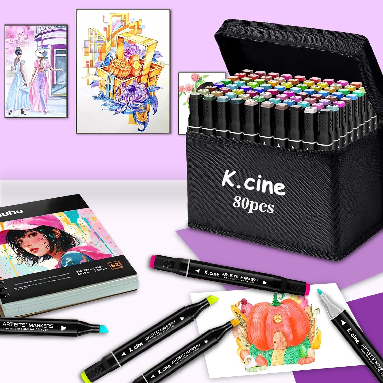K.CINE 80 Colors Alcohol Markers for Adult Coloring Books, Dual Tip Art Markers with Brush Tip & Chisel Tips for Coloring, Illustrations, Drawing, Sketching with Carrying Case image number 3